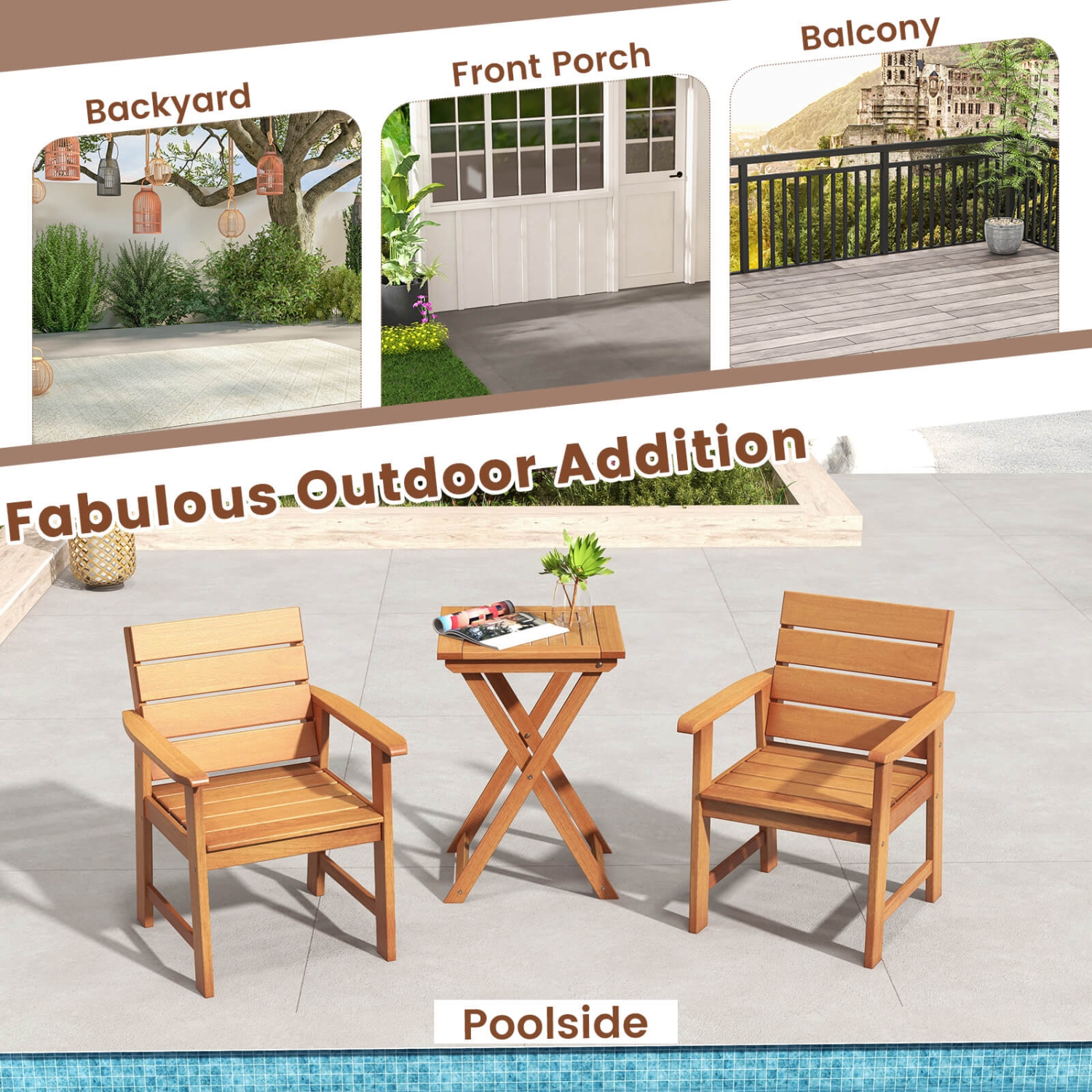 Costway 4 PCS Patio Hardwood Chair Wood Dining Armchairs Breathable Slatted Seat Garden