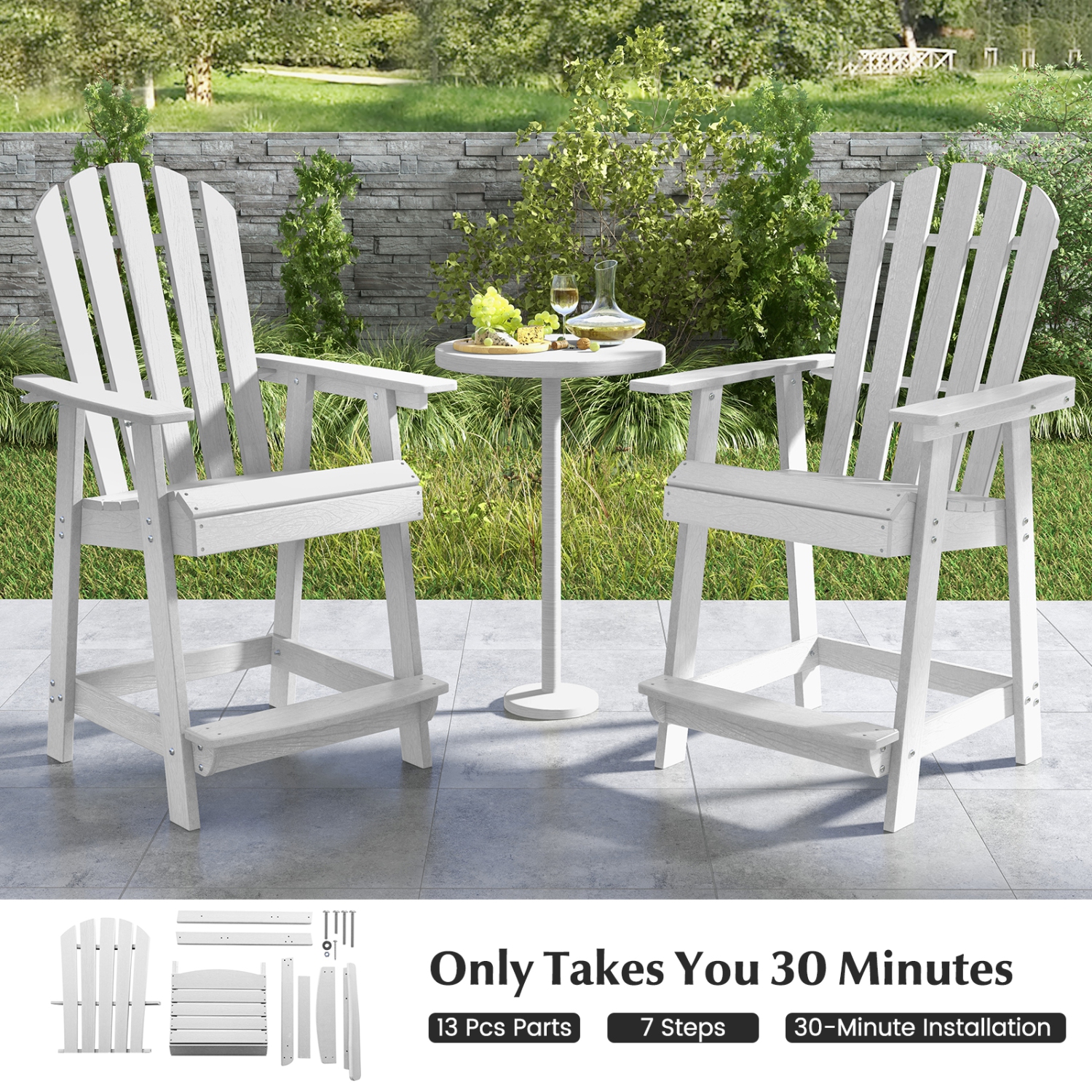 Costway 4 PCS Tall Bar Stool HDPE Patio Chair with Armrest Footrest Home Indoor Outdoor White