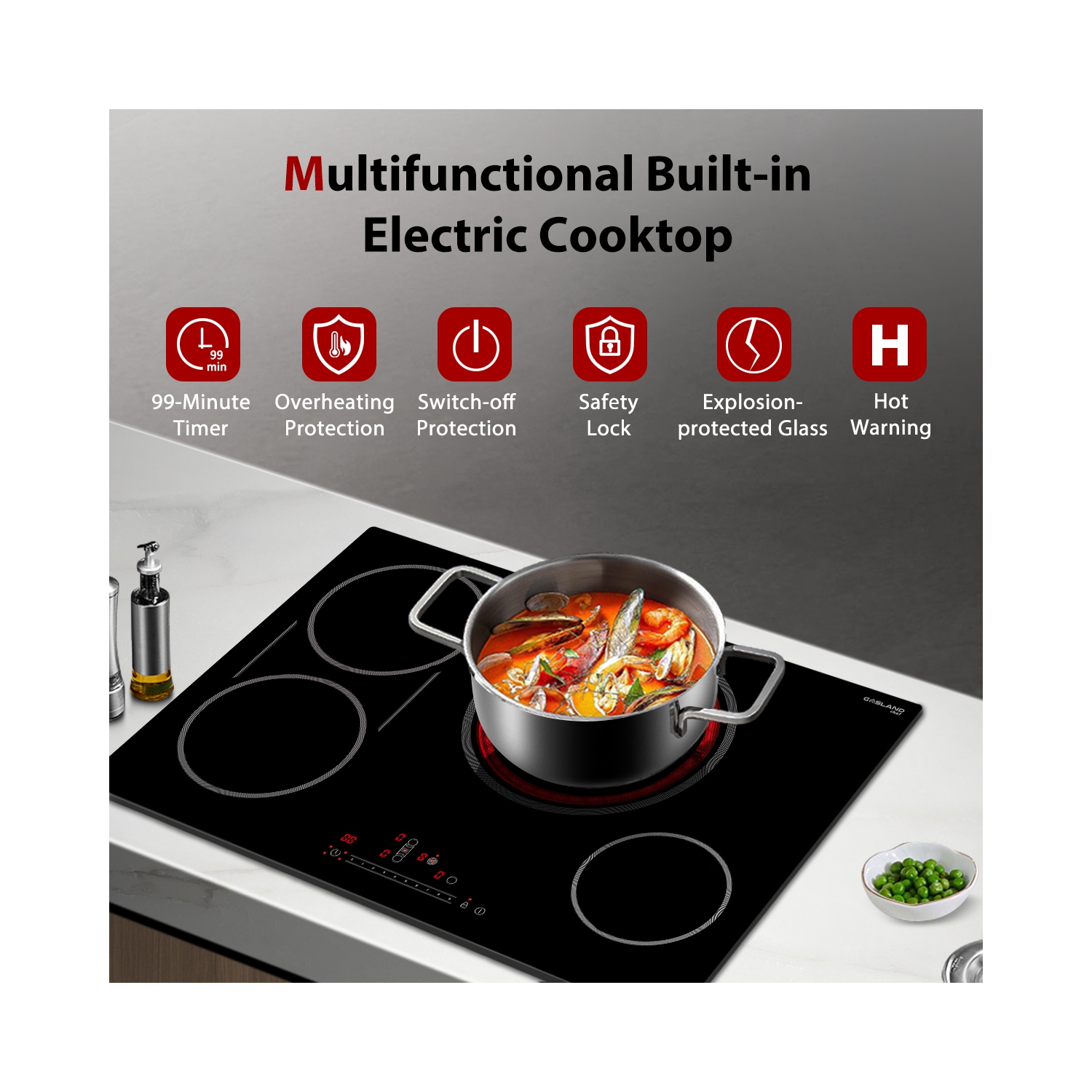 GASLAND 30&nbsp;po Surface de cuisson électrique radiante à 5 éléments avec trois anneaux et élément en pont, certifiée ETL