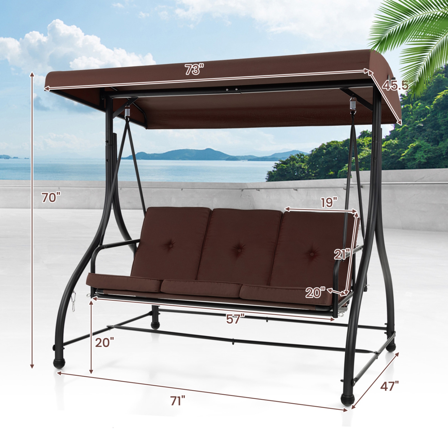 Costway 3-Seat Outdoor Converting Patio Swing Glider Adjustable Canopy Porch Swing
