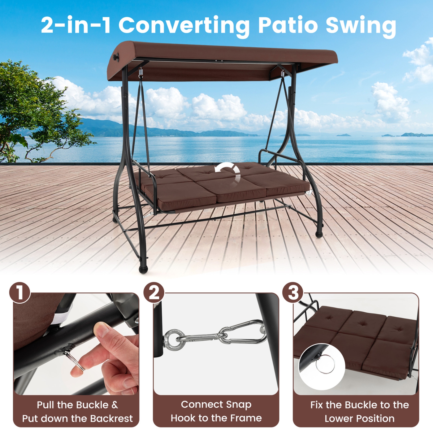 Costway 3-Seat Outdoor Converting Patio Swing Glider Adjustable Canopy Porch Swing