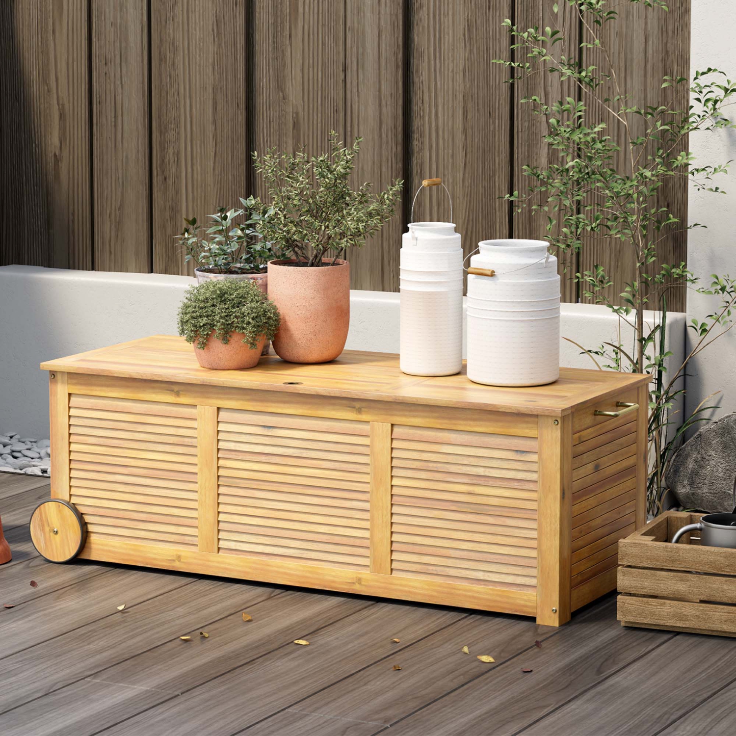 Costway 48 Gallon Acacia Wooden Patio Storage Deck Box Outdoor Storage Box with Wheels