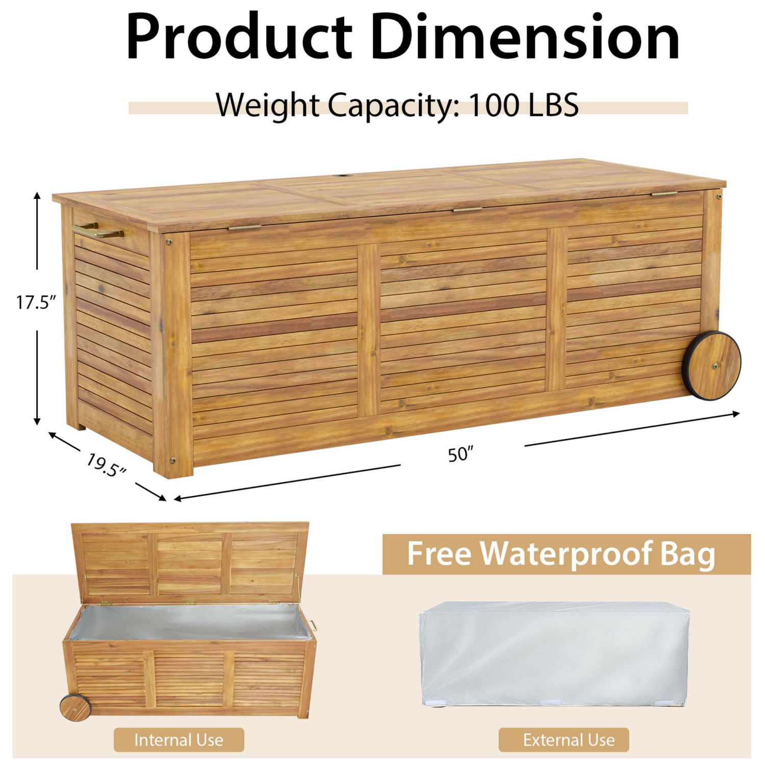 Costway 48 Gallon Acacia Wooden Patio Storage Deck Box Outdoor Storage Box with Wheels