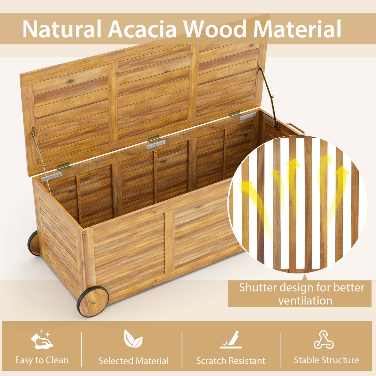 Costway 48 Gallon Acacia Wooden Patio Storage Deck Box Outdoor Storage Box with Wheels