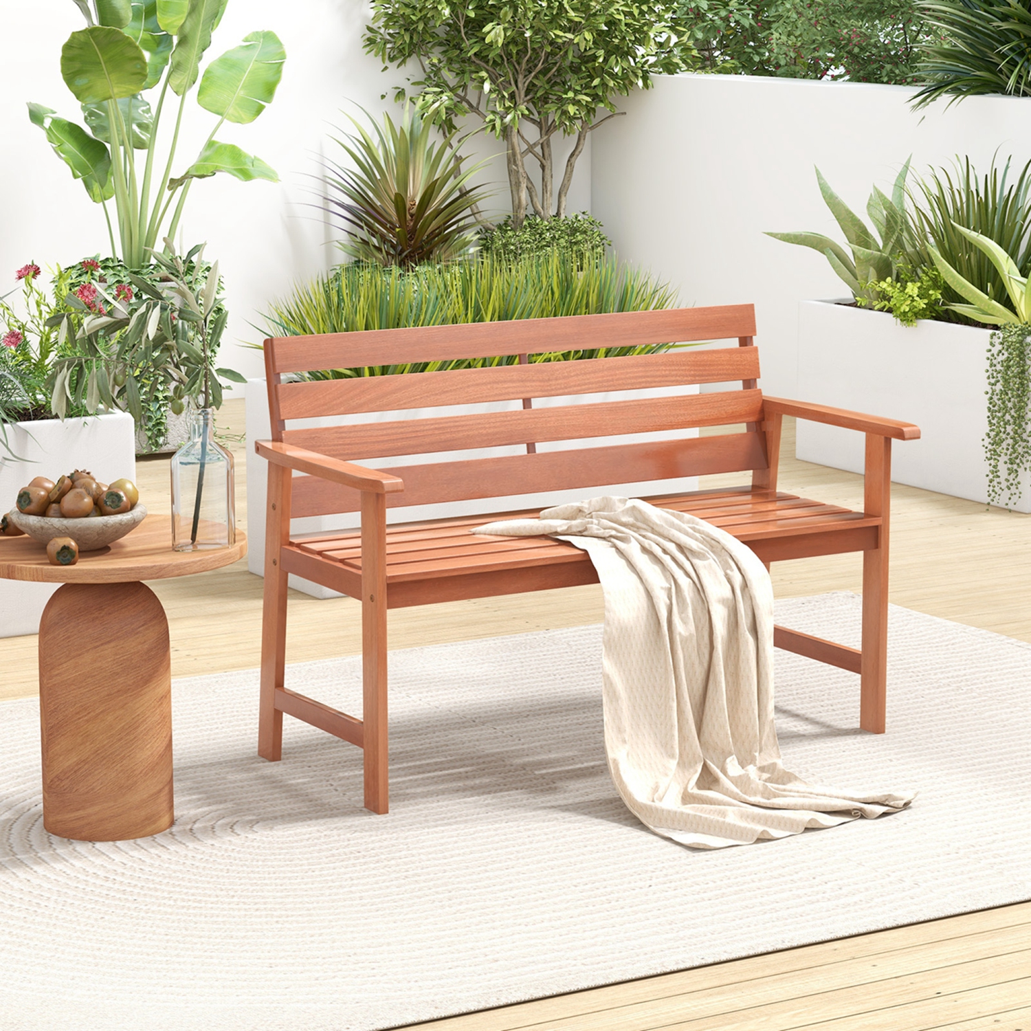 Costway Patio Solid Wood Bench Wood 2-Seat Chair with Slatted Seat & Inclined Backrest