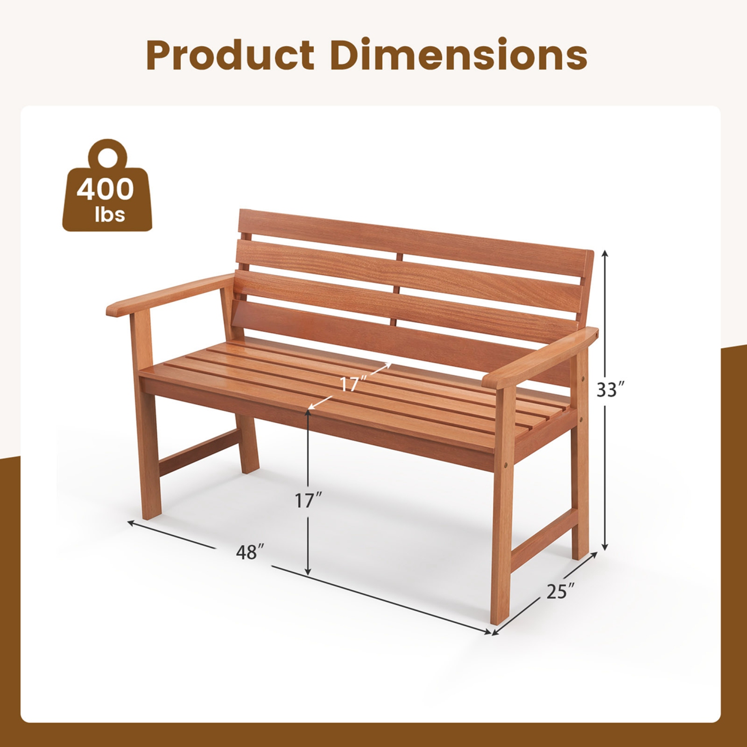 Costway Patio Solid Wood Bench Wood 2-Seat Chair with Slatted Seat & Inclined Backrest
