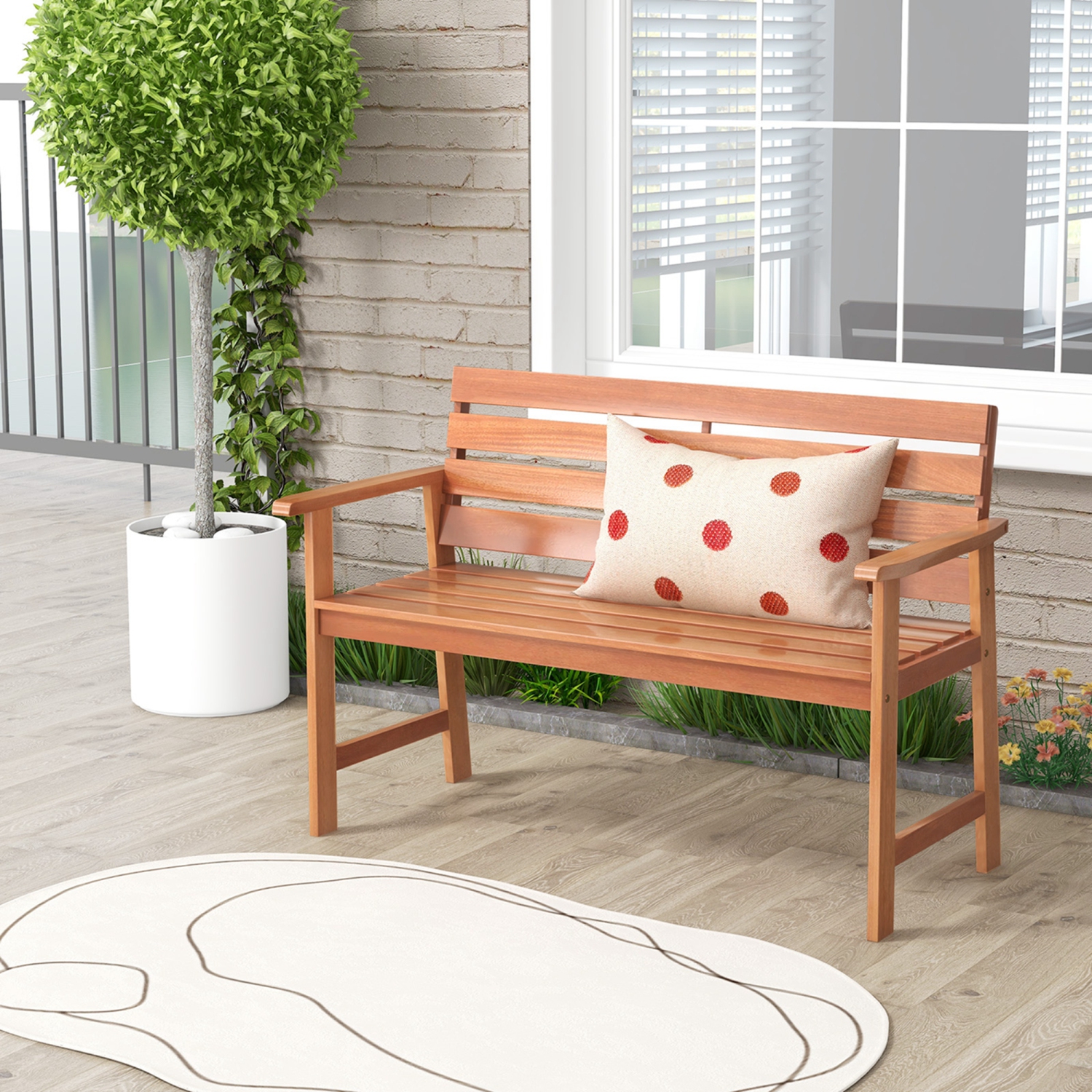 Costway Patio Solid Wood Bench Wood 2-Seat Chair with Slatted Seat & Inclined Backrest