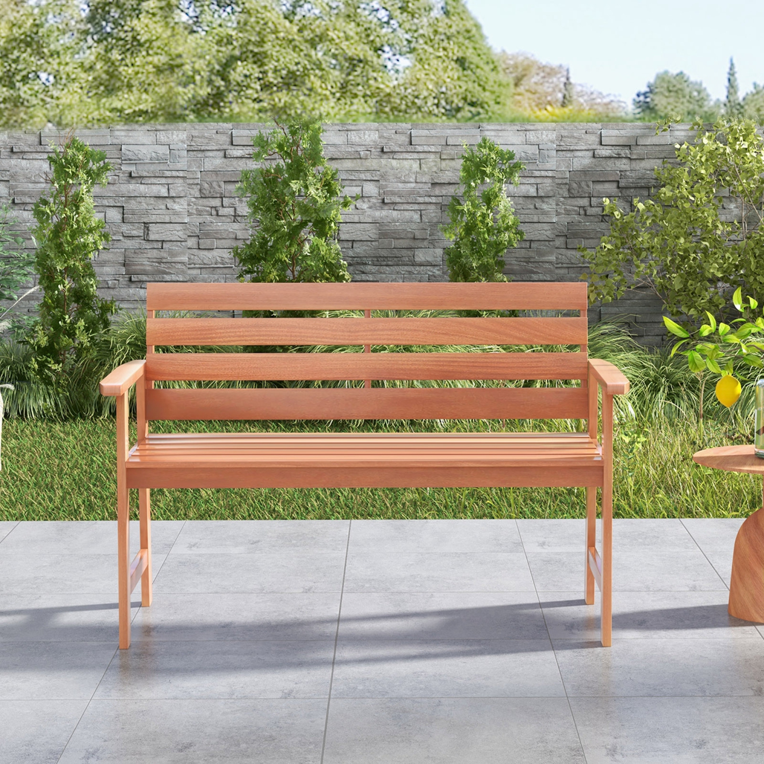 Costway Patio Solid Wood Bench Wood 2-Seat Chair with Slatted Seat & Inclined Backrest