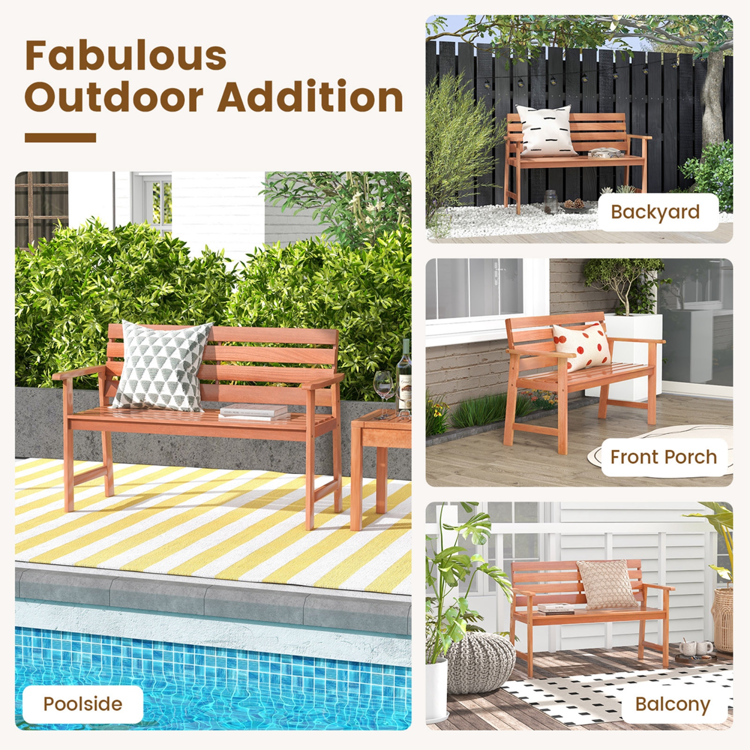 Costway Patio Solid Wood Bench Wood 2-Seat Chair with Slatted Seat & Inclined Backrest