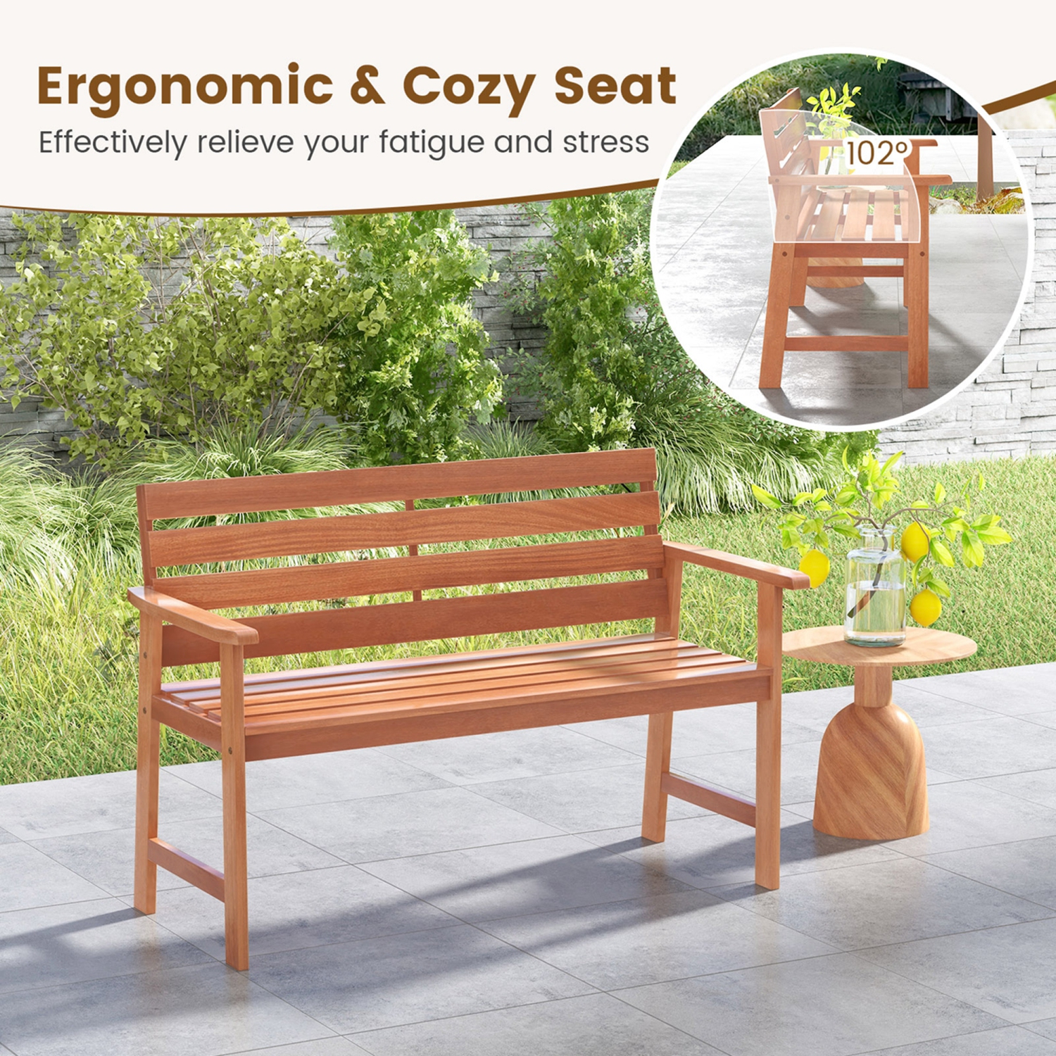 Costway Patio Solid Wood Bench Wood 2-Seat Chair with Slatted Seat & Inclined Backrest