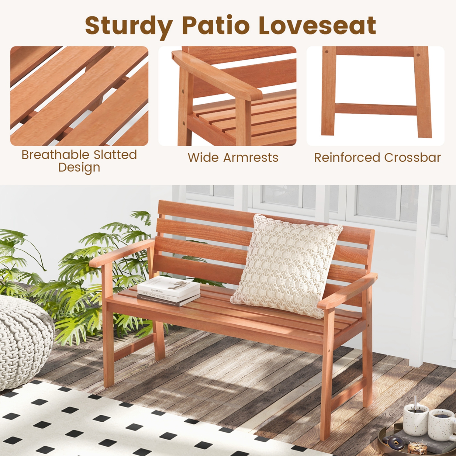 Costway Patio Solid Wood Bench Wood 2-Seat Chair with Slatted Seat & Inclined Backrest