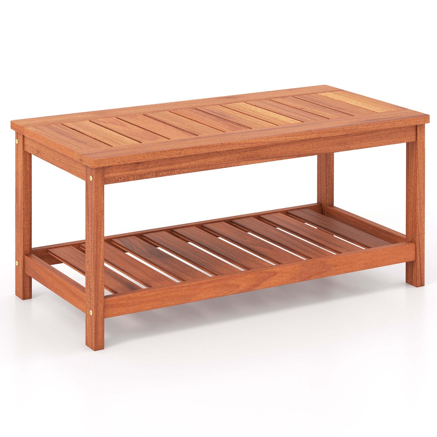 Costway Patio Coffee Table 2-Tier Outdoor Side Rectangle Side Table Solid Wood Porch