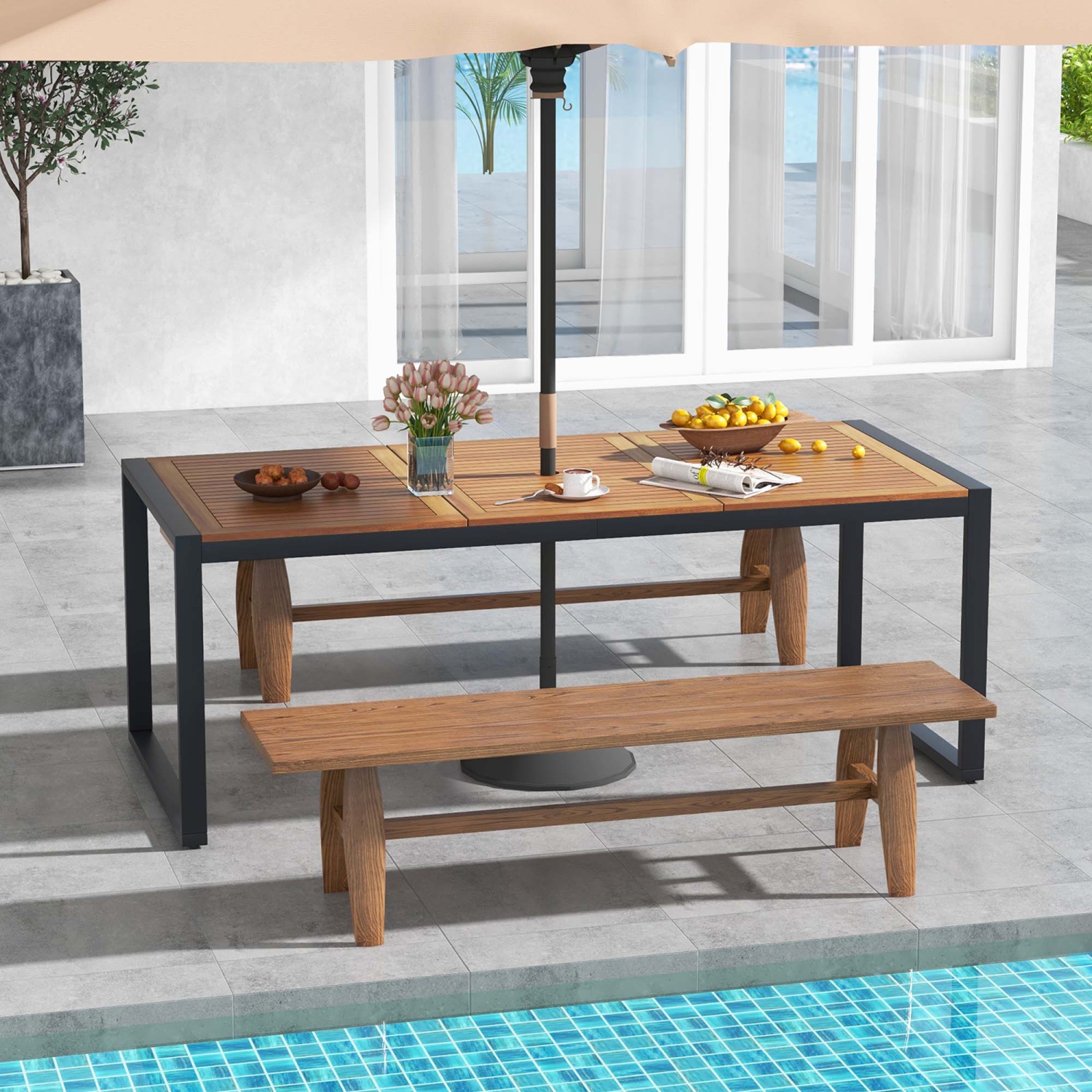 Costway 79" Acacia Wood 8-Person Patio Table with 1.9" Umbrella Hole, Adjustable Foot Pads
