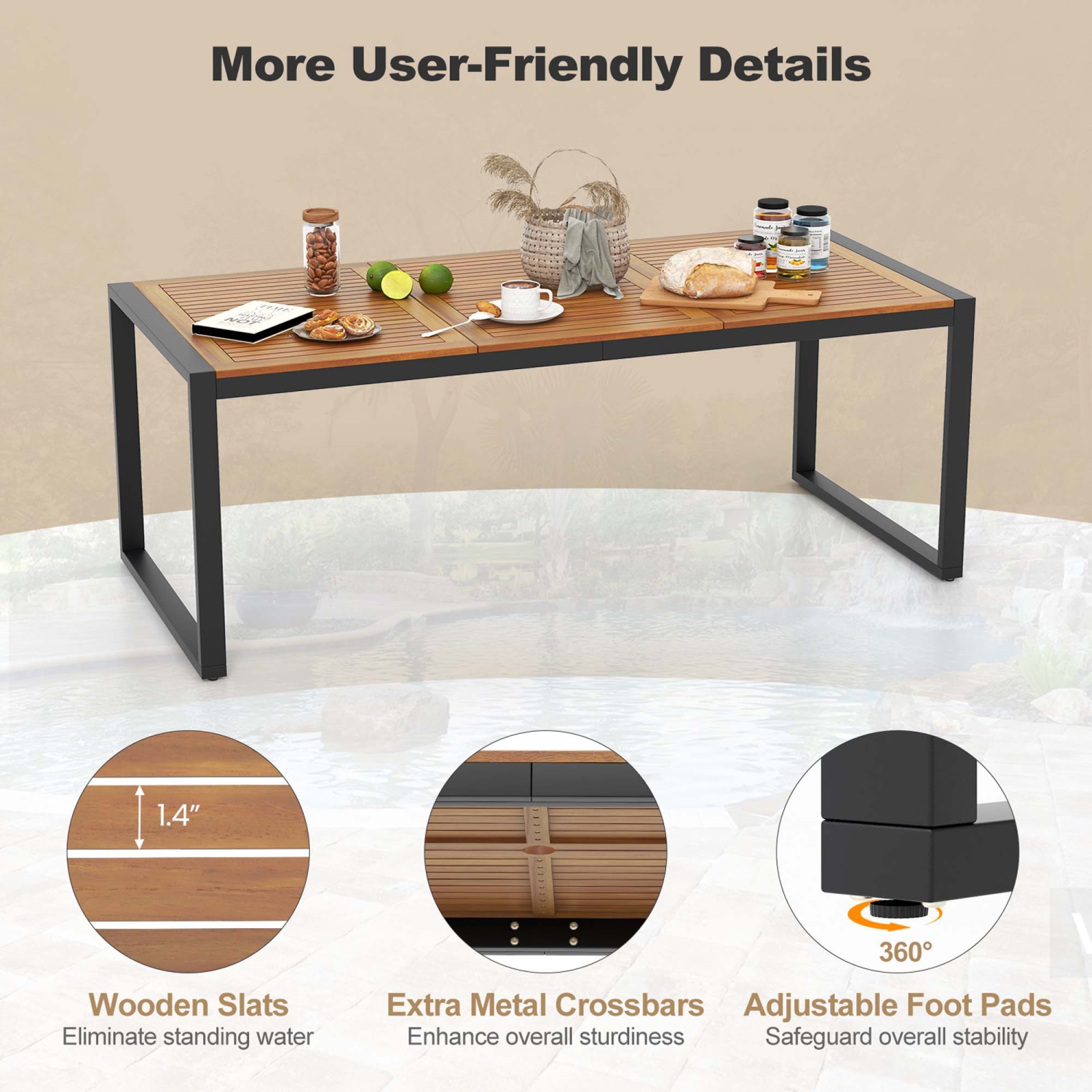 Costway 79" Acacia Wood 8-Person Patio Table with 1.9" Umbrella Hole, Adjustable Foot Pads