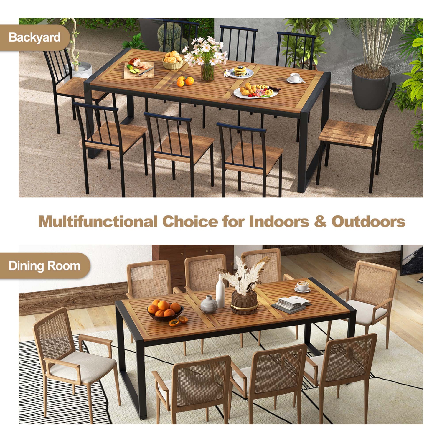 Costway 79" Acacia Wood 8-Person Patio Table with 1.9" Umbrella Hole, Adjustable Foot Pads