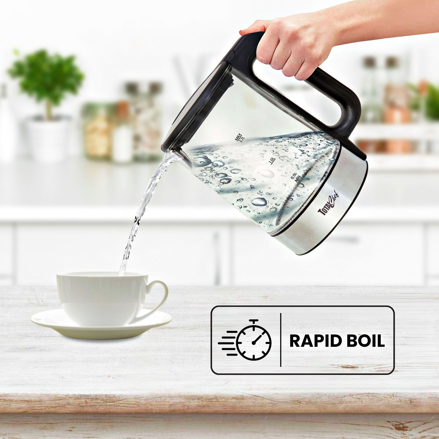 Total Chef Electric Glass Tea Kettle with LED Light & Cordless Pouring - 1.8QT/1.7L - Glass