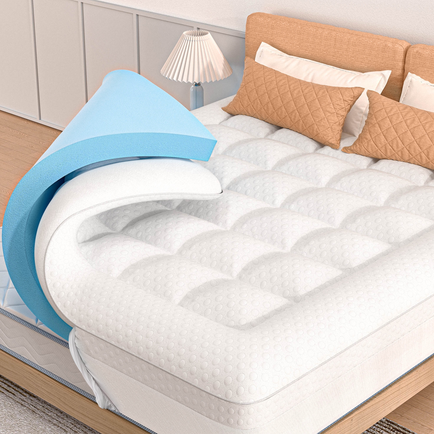 Mattress Topper Queen Size 4 inch Dual Layer Bed, Bamboo Cover, Cooling Gel Memory Foam Plus Pillow Quilted Fitted Mattress Pad, Deep Bed Skirt, Comfort Support for Back Pain