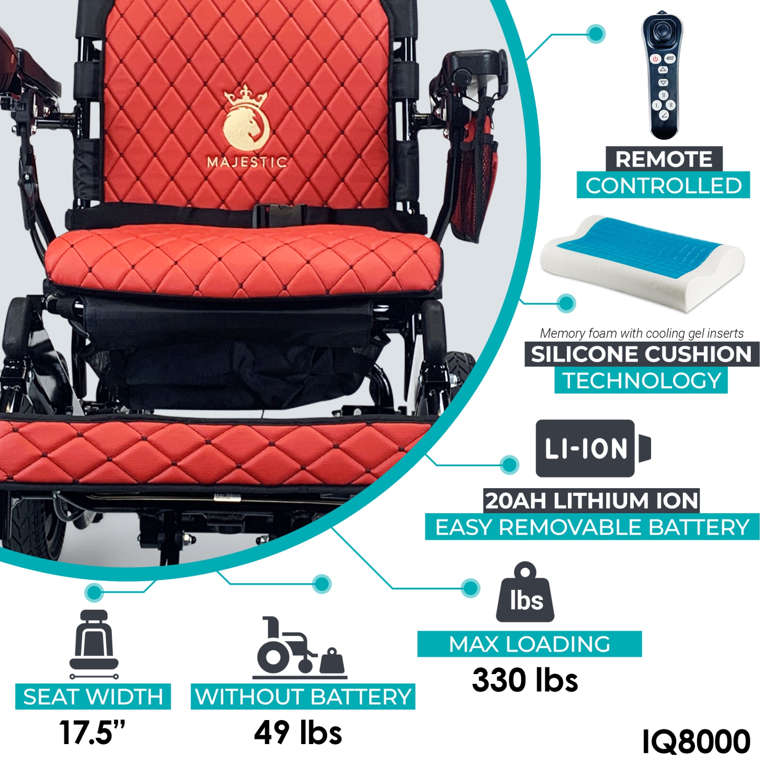 IQ-8000 MAX MAJESTIC Power Chair | Ultra-Light & Foldable | Gel Memory Foam Seat | Up to 30 km Range | 17.5’’ Seat Width, Bronze Frame, Red Textile
