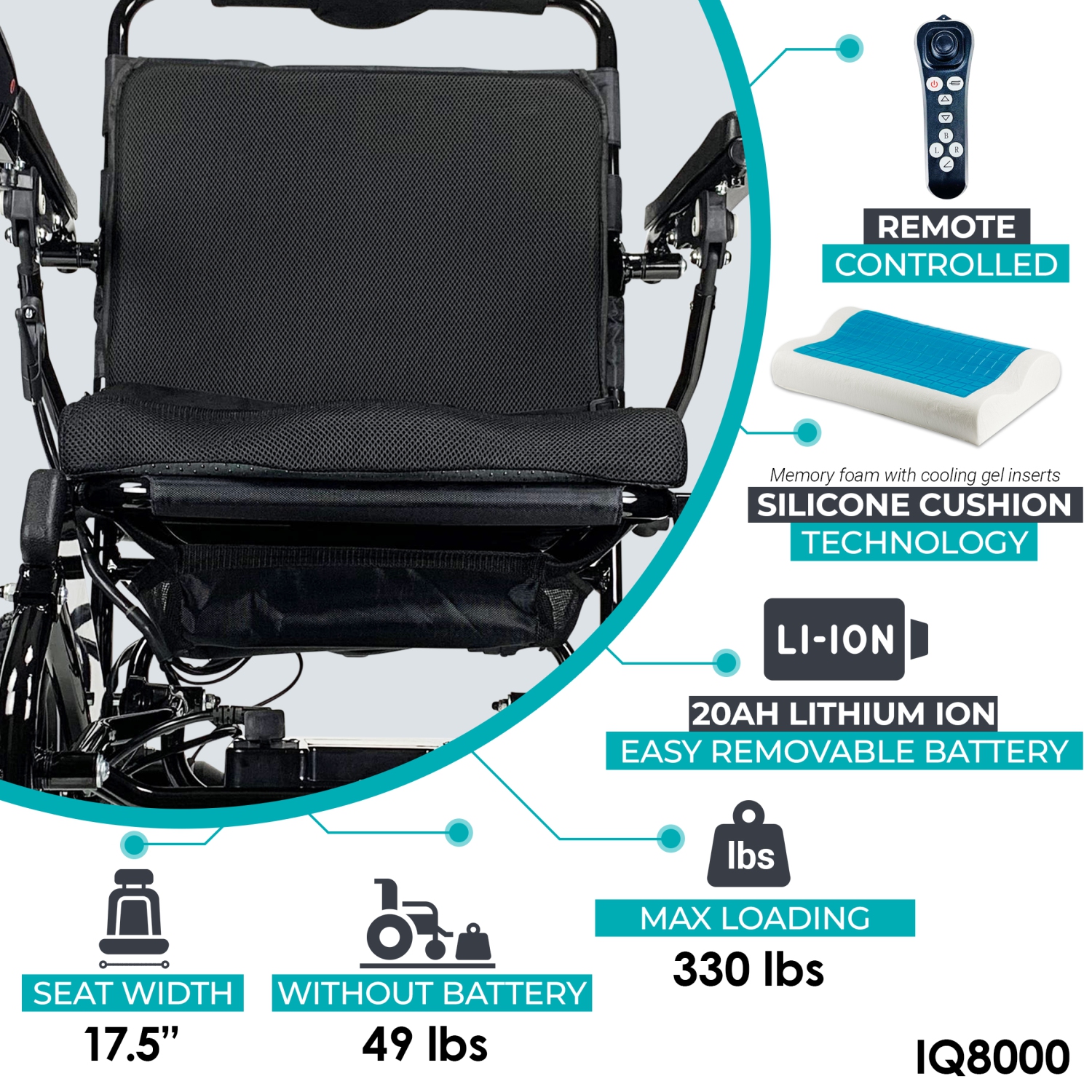 IQ-8000 MAX MAJESTIC Power Chair | Ultra-Light & Foldable | Gel Memory Foam Seat | Up to 30 km Range | 17.5’’ Seat Width, Silver Frame, Standard