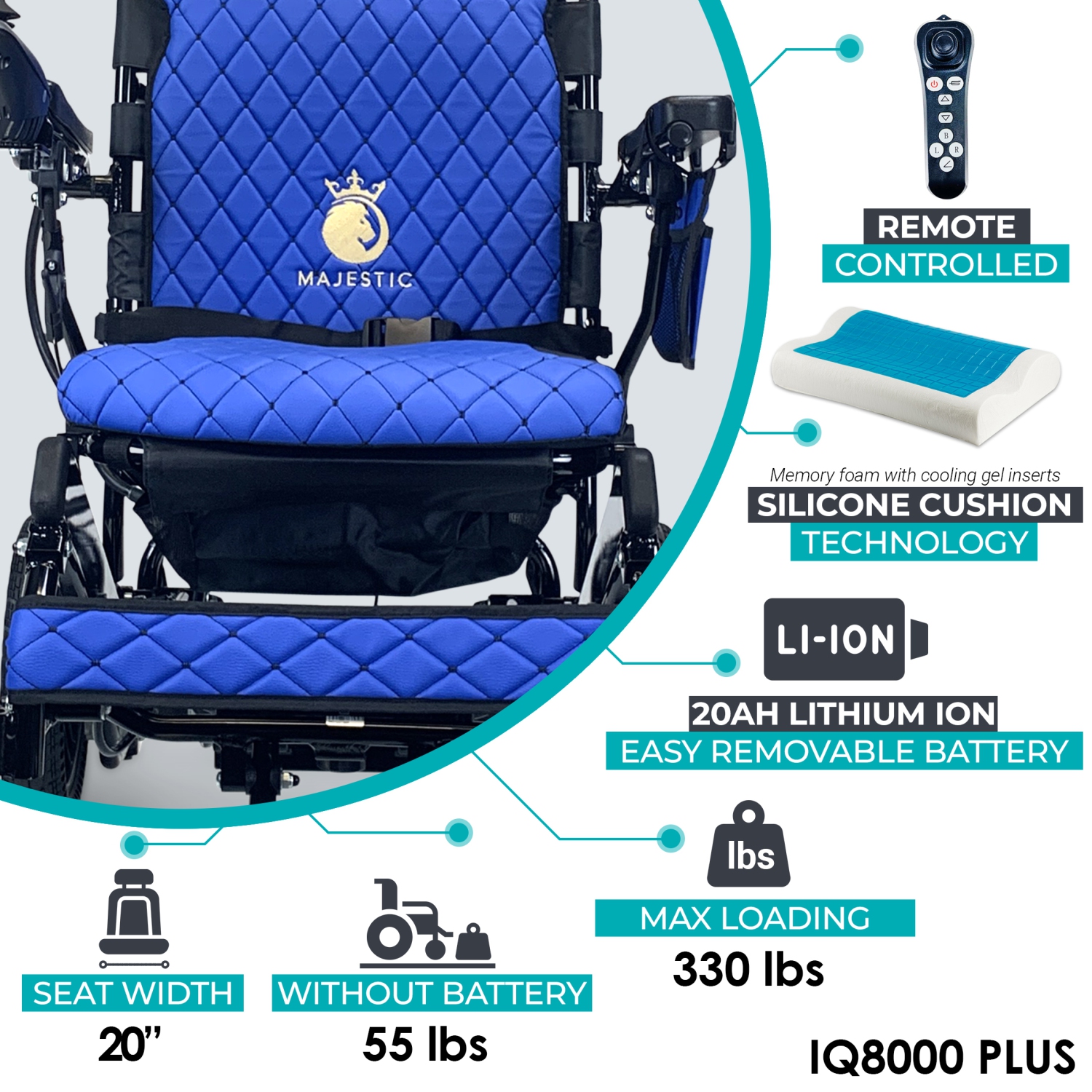 IQ-8000 PLUS MAX MAJESTIC Power Chair | Ultra-Light & Foldable | Gel Memory Foam Seat | Up to 30 km Range | 20’’ Seat Width, Bronze Frame, Blue