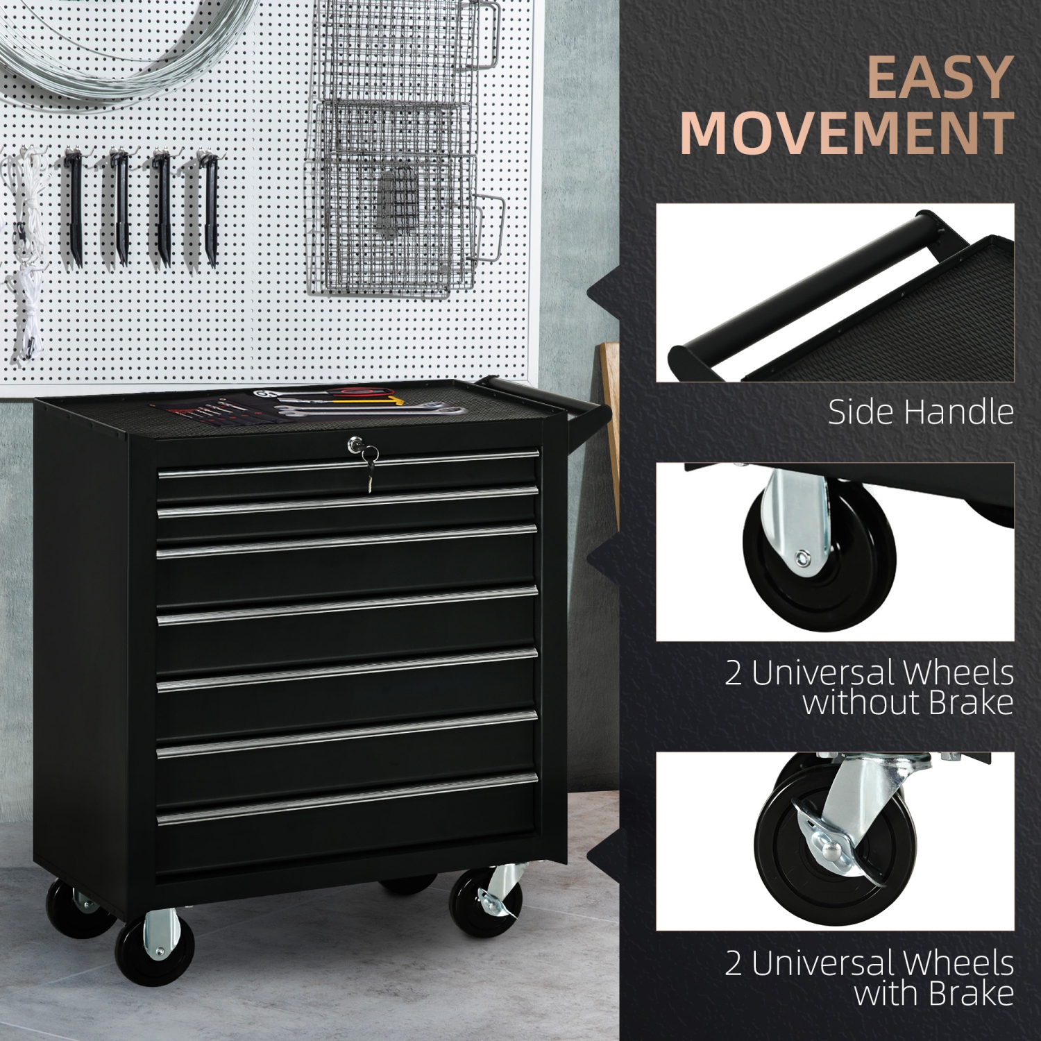HOMCOM – coffre à outils à 7 tiroirs, coffre à outils mobile verrouillable, range-tout avec poignée pour atelier Mechanics garage, noir