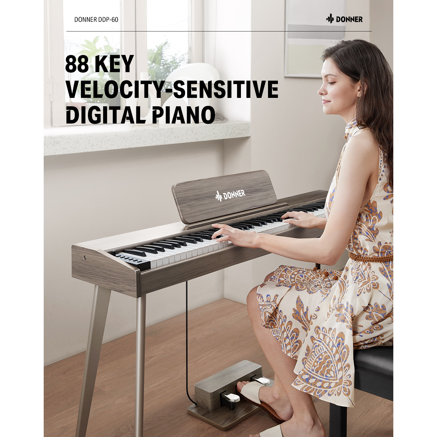 Donner DDP-60 88-Key Semi-Weighted Wooden Upright Digital Piano with 3-Pedal for Beginner