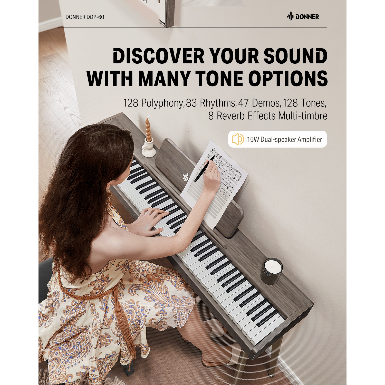 Donner DDP-60 88-Key Semi-Weighted Wooden Upright Digital Piano with 3-Pedal for Beginner