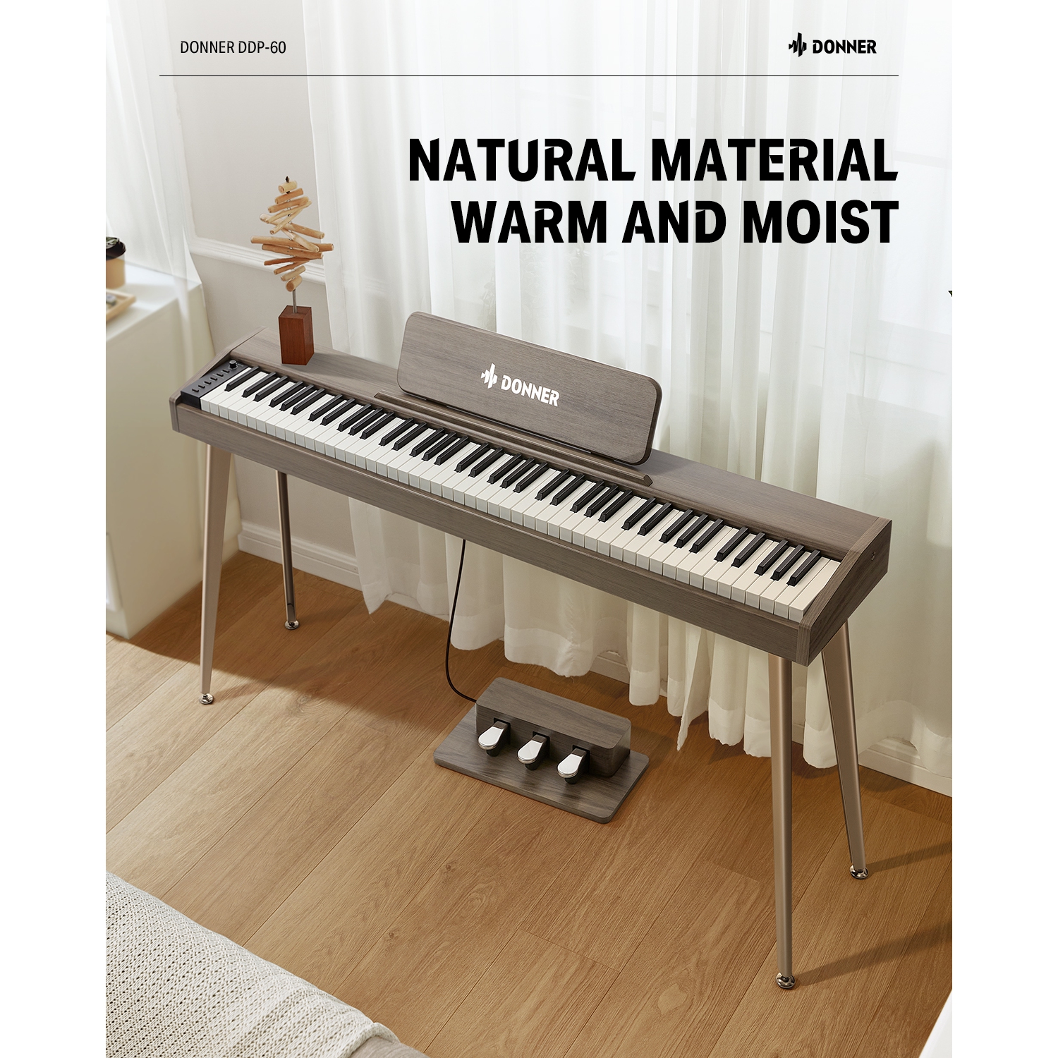 Donner DDP-60 88-Key Semi-Weighted Wooden Upright Digital Piano with 3-Pedal for Beginner