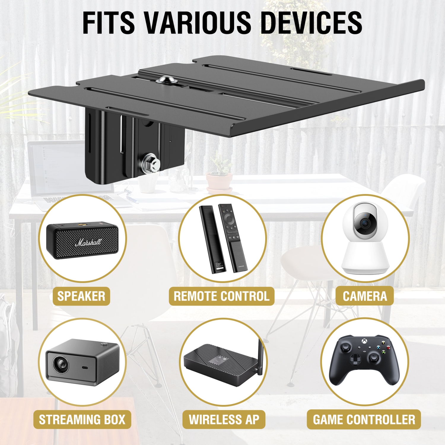 ZeboZap DIY Floating Shelf for Soundbars, Gaming Consoles | NO Drill | Pole Mount Shelf | Gazebo Shelf | Holds 7lbs | Fits 3"-16" Pole | Weatherproof