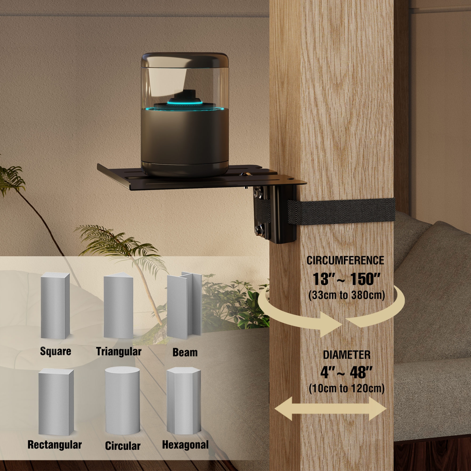 ZeboZap DIY Floating Shelf for Soundbars, Gaming Consoles | NO Drill | Pole Mount Shelf | Gazebo Shelf | Holds 7lbs | Fits 3"-16" Pole | Weatherproof