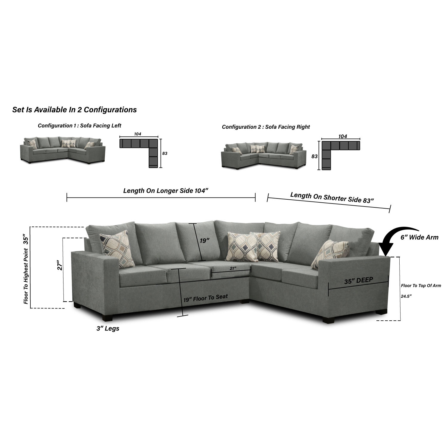 Infinite Imports – 302 Facing Left Sectional Sofa - Made In Canada With 2 Free Throw Pillows & FREE SHIPPING