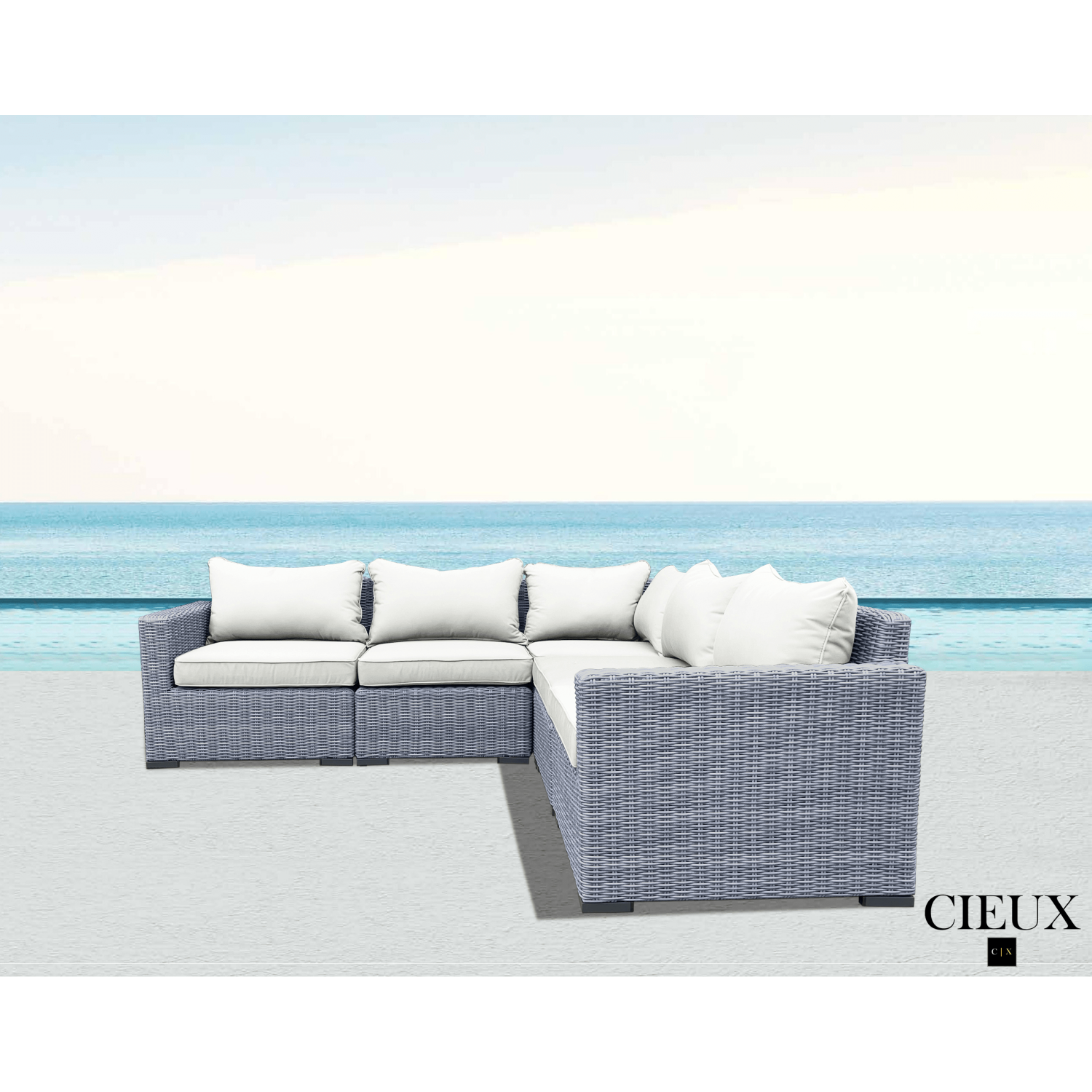 CIEUX Cannes Outdoor Patio Wicker Modular Corner Sectional Sofa in Grey with Sunbrella Cushions