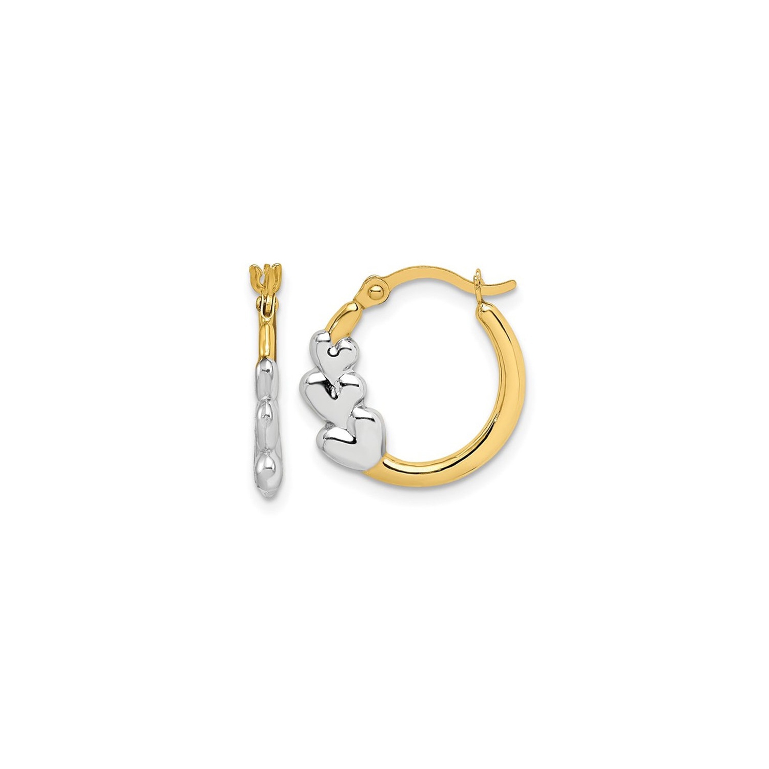10K Yellow and White Gold Hollow Hoop Heart Earrings