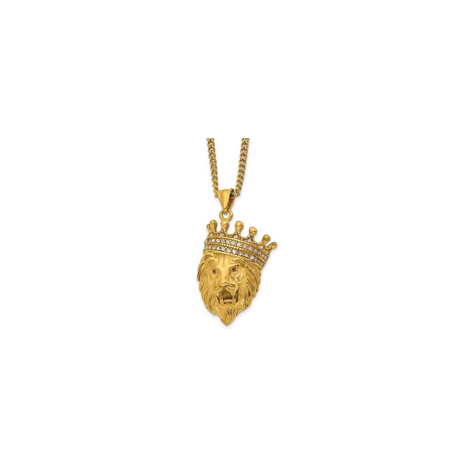 Stainless Steel Polished Lion Head with Crown Charm Pendant Necklace with Chain