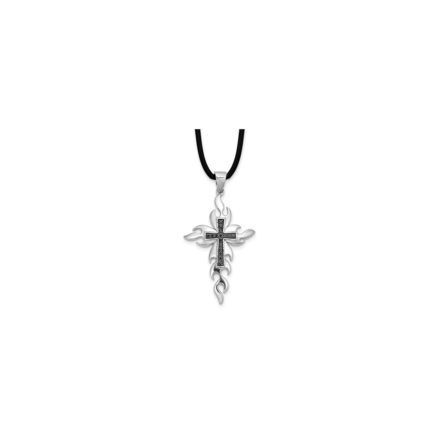 Sterling Silver Cross Pendant Necklace with Black Accent Diamonds and Cord