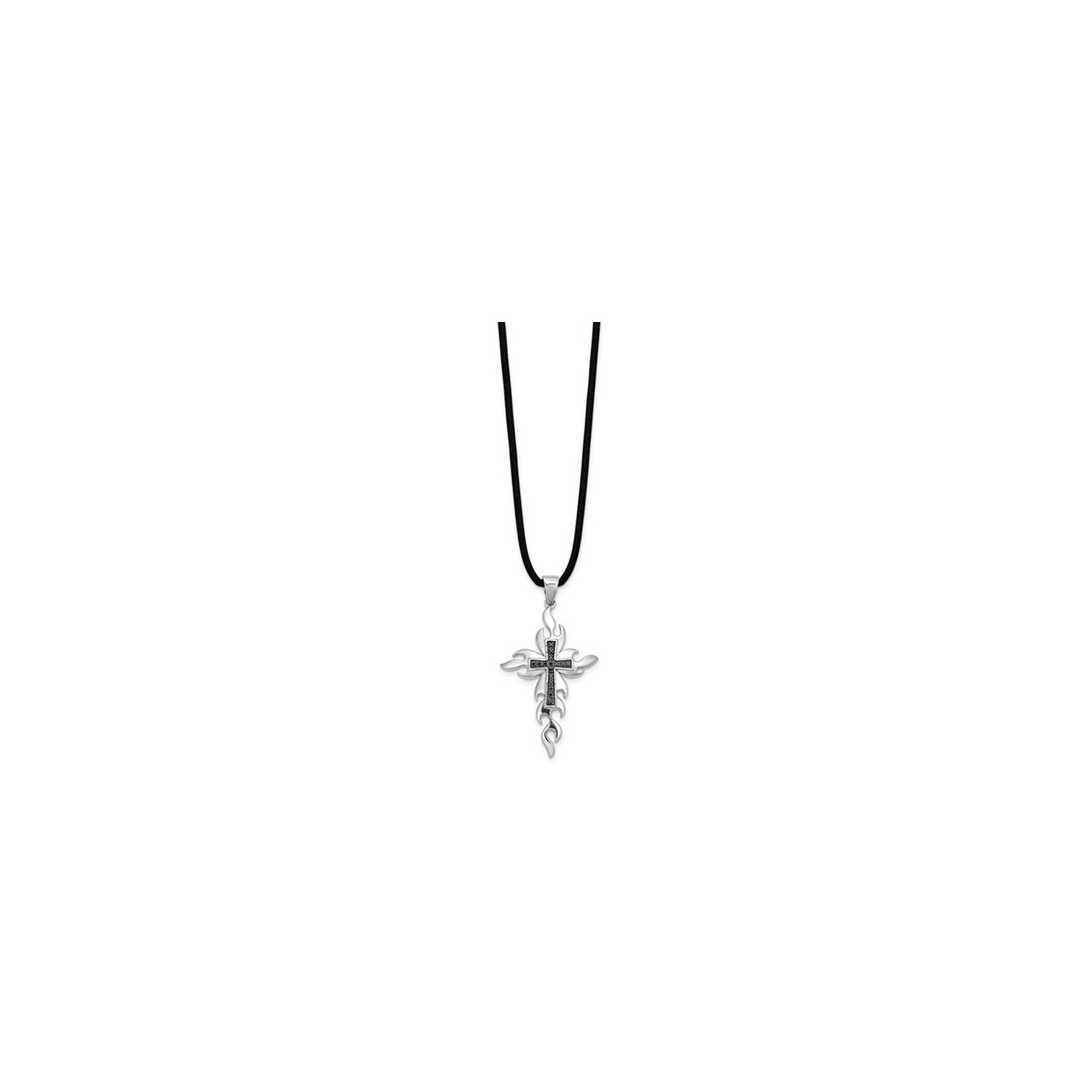 Sterling Silver Cross Pendant Necklace with Black Accent Diamonds and Cord