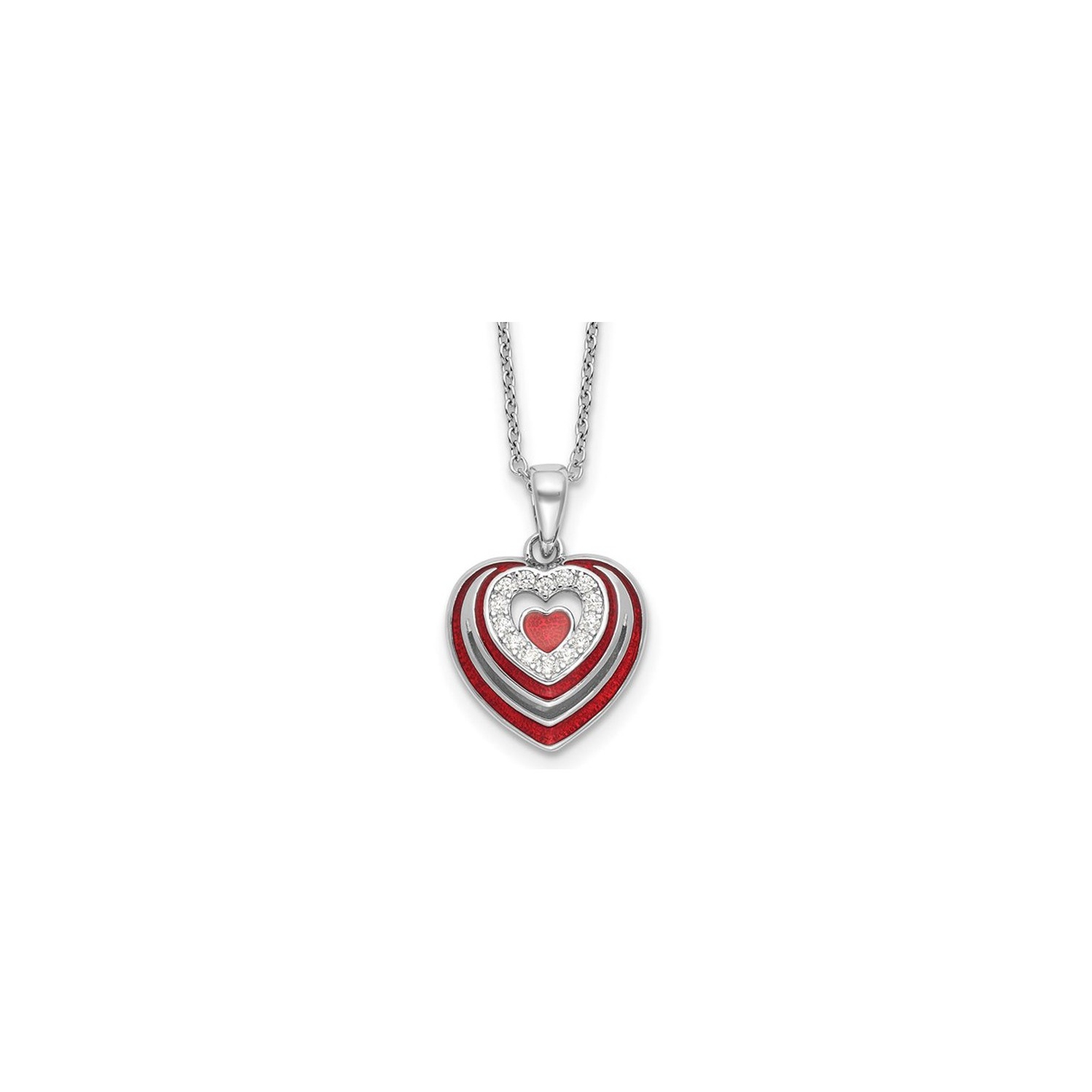 Sterling Silver Heart Pendant Necklace with Cubic Zirconias and Red Enamel with Chain