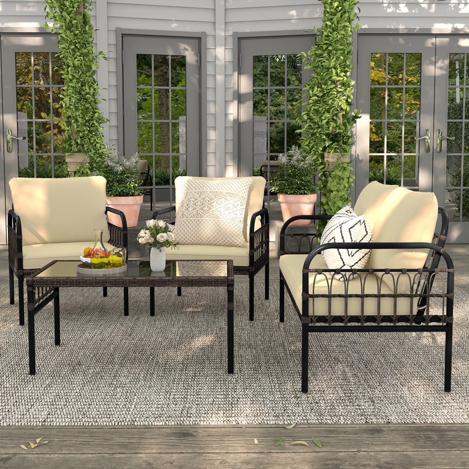 Coswtay 8 PCS Patio Furniture Set Outdoor Wicker Conversation Bistro Set with Soft Cushions