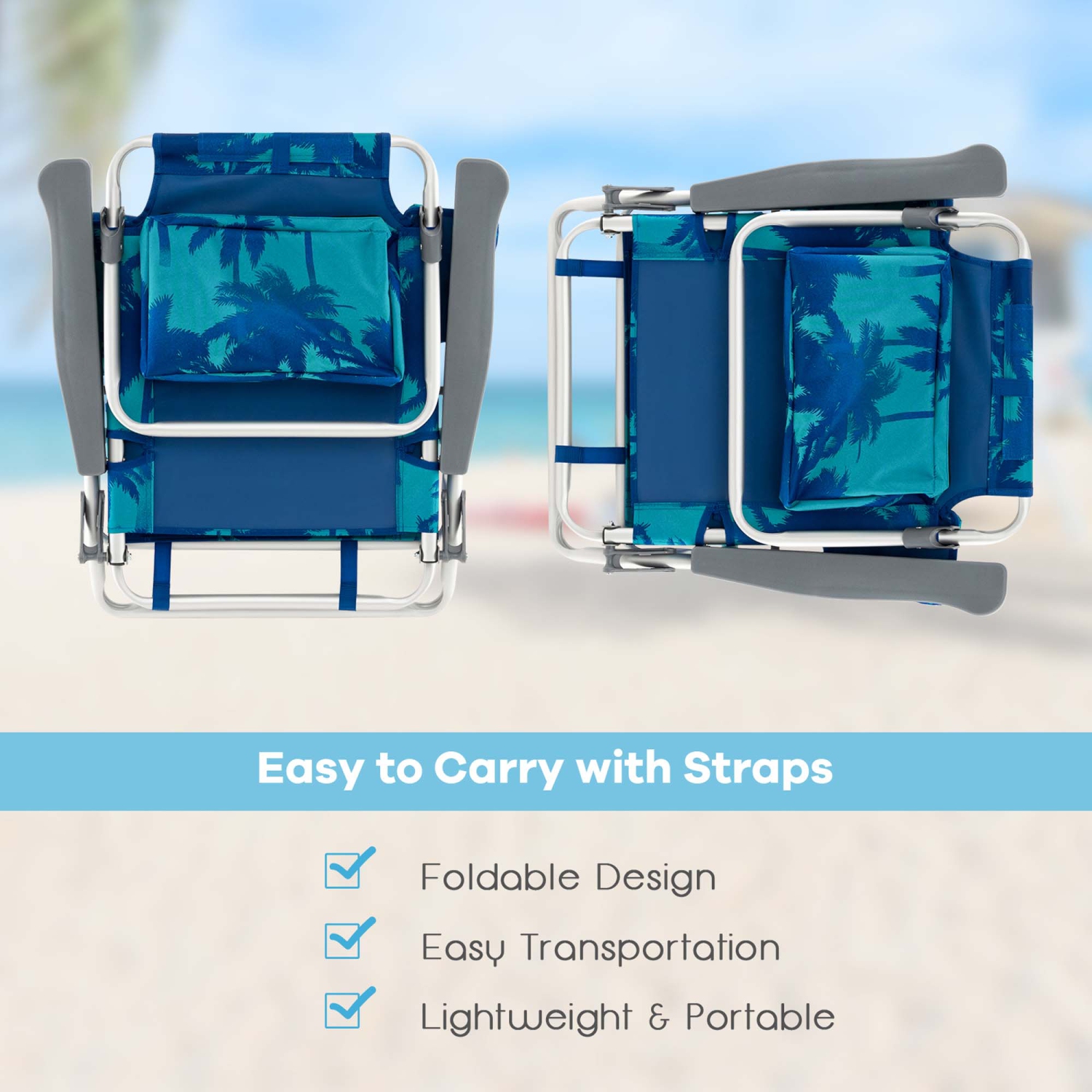 Costway 2-Pack Folding Backpack Beach Chair Table Set 5-Position Outdoor Reclining Chair