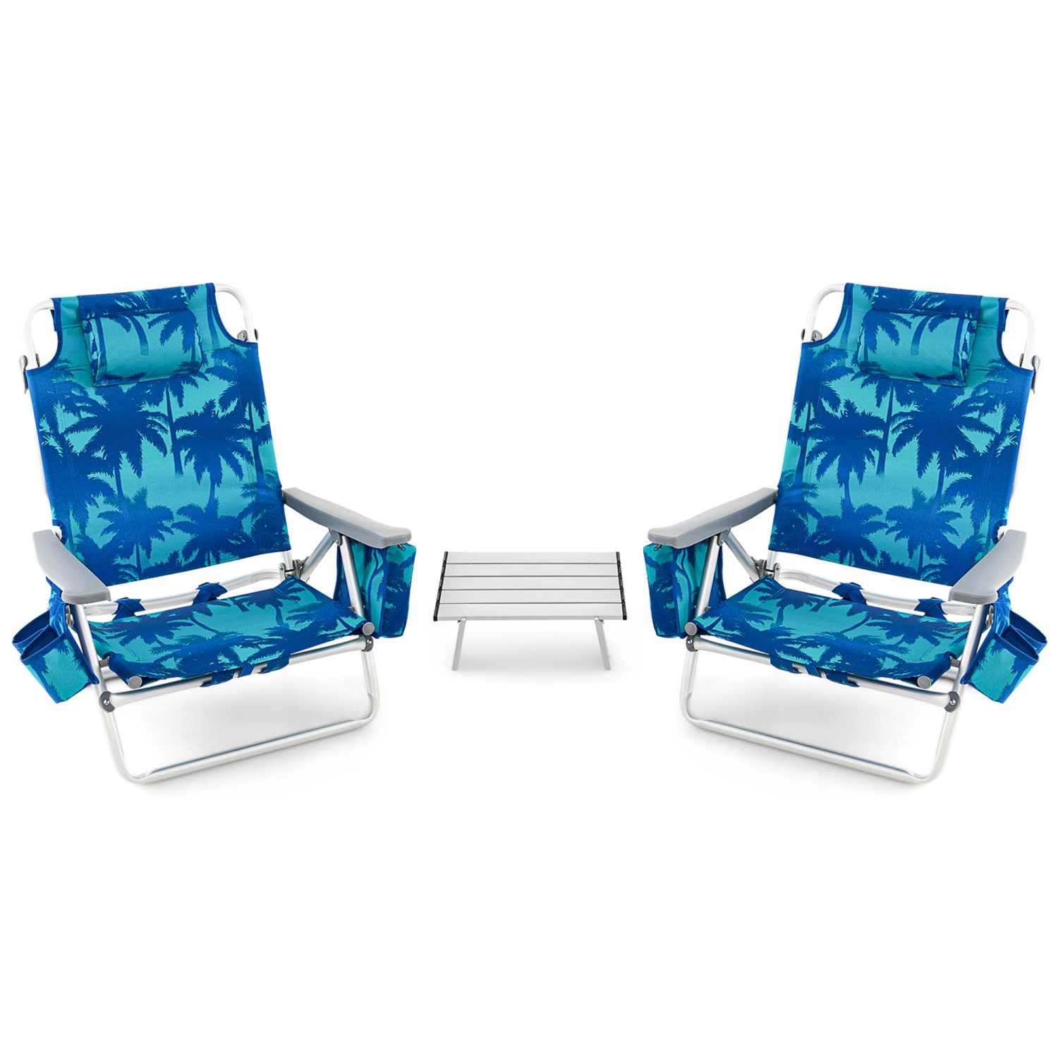 Costway 2-Pack Folding Backpack Beach Chair Table Set 5-Position Outdoor Reclining Chair