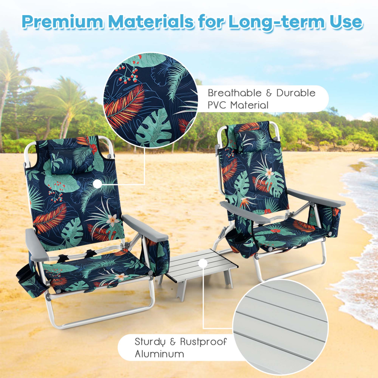 Costway 2-Pack Folding Backpack Beach Chair Table Set 5-Position Outdoor Reclining Chair
