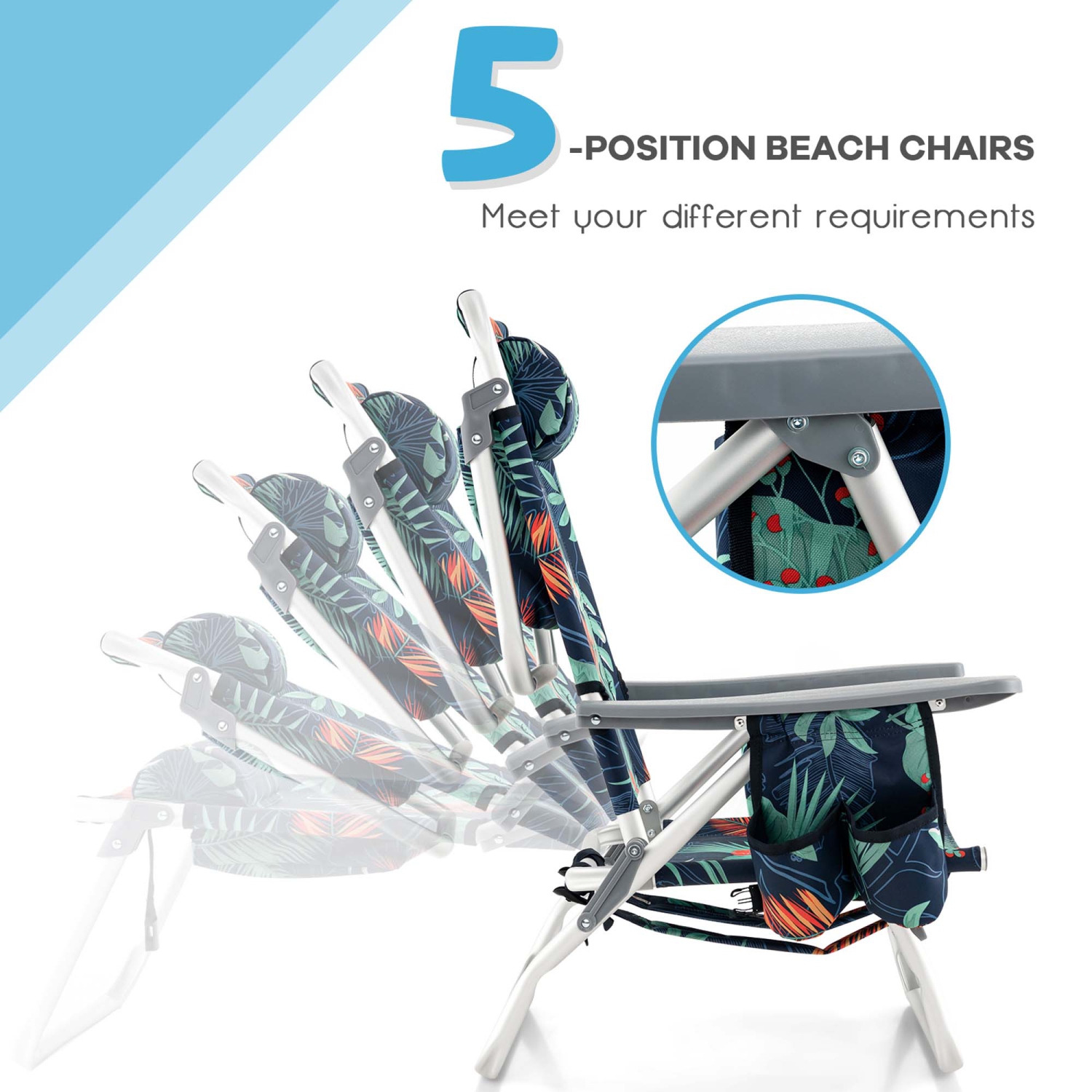 Costway 2-Pack Folding Backpack Beach Chair Table Set 5-Position Outdoor Reclining Chair