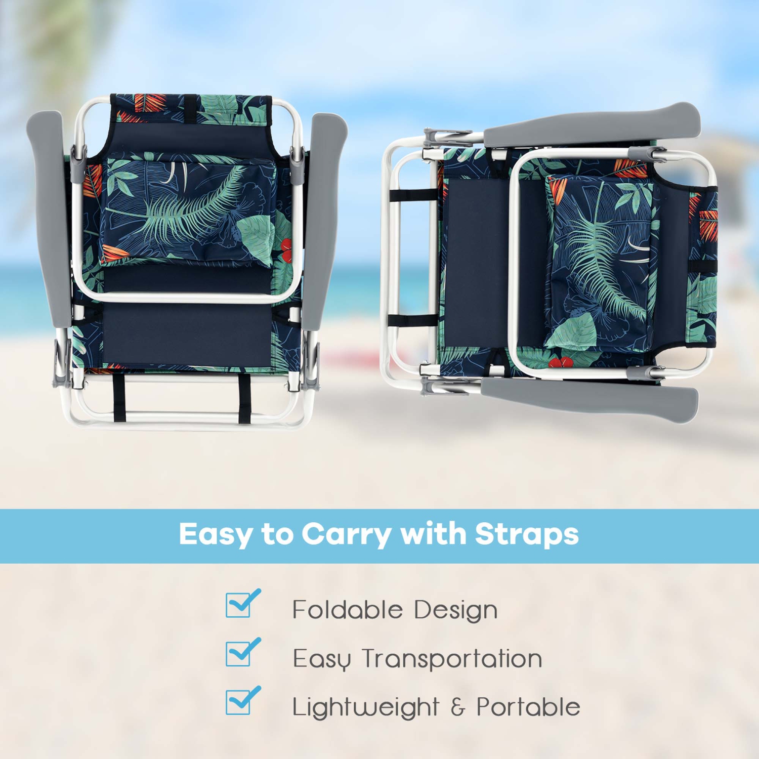 Costway 2-Pack Folding Backpack Beach Chair Table Set 5-Position Outdoor Reclining Chair