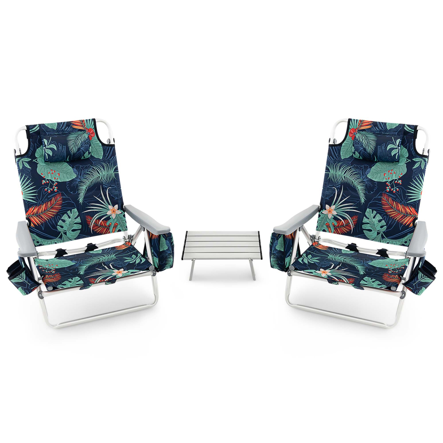 Costway 2-Pack Folding Backpack Beach Chair Table Set 5-Position Outdoor Reclining Chair