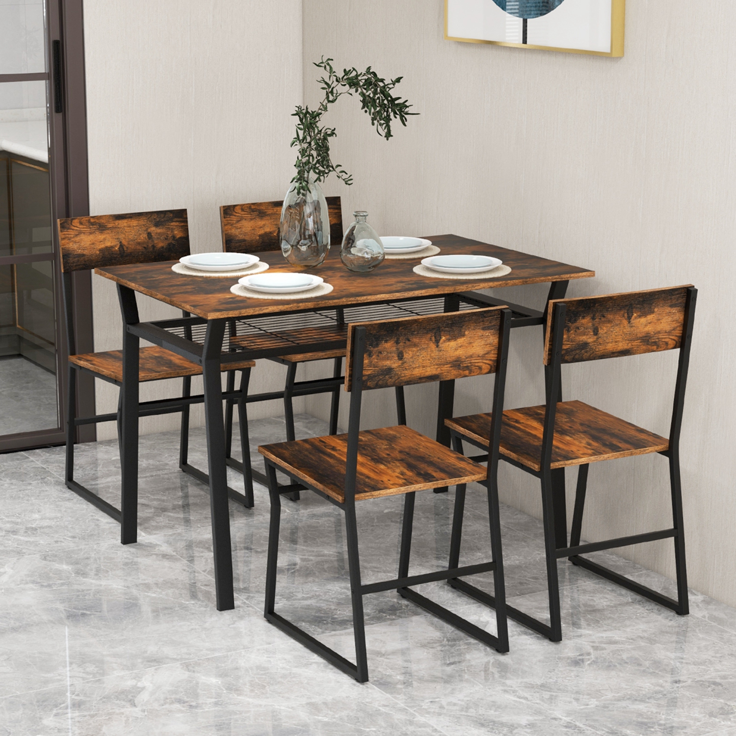 Costway 5 Piece Dining Table Set Industrial Rectangular Kitchen Table with 4 Chairs