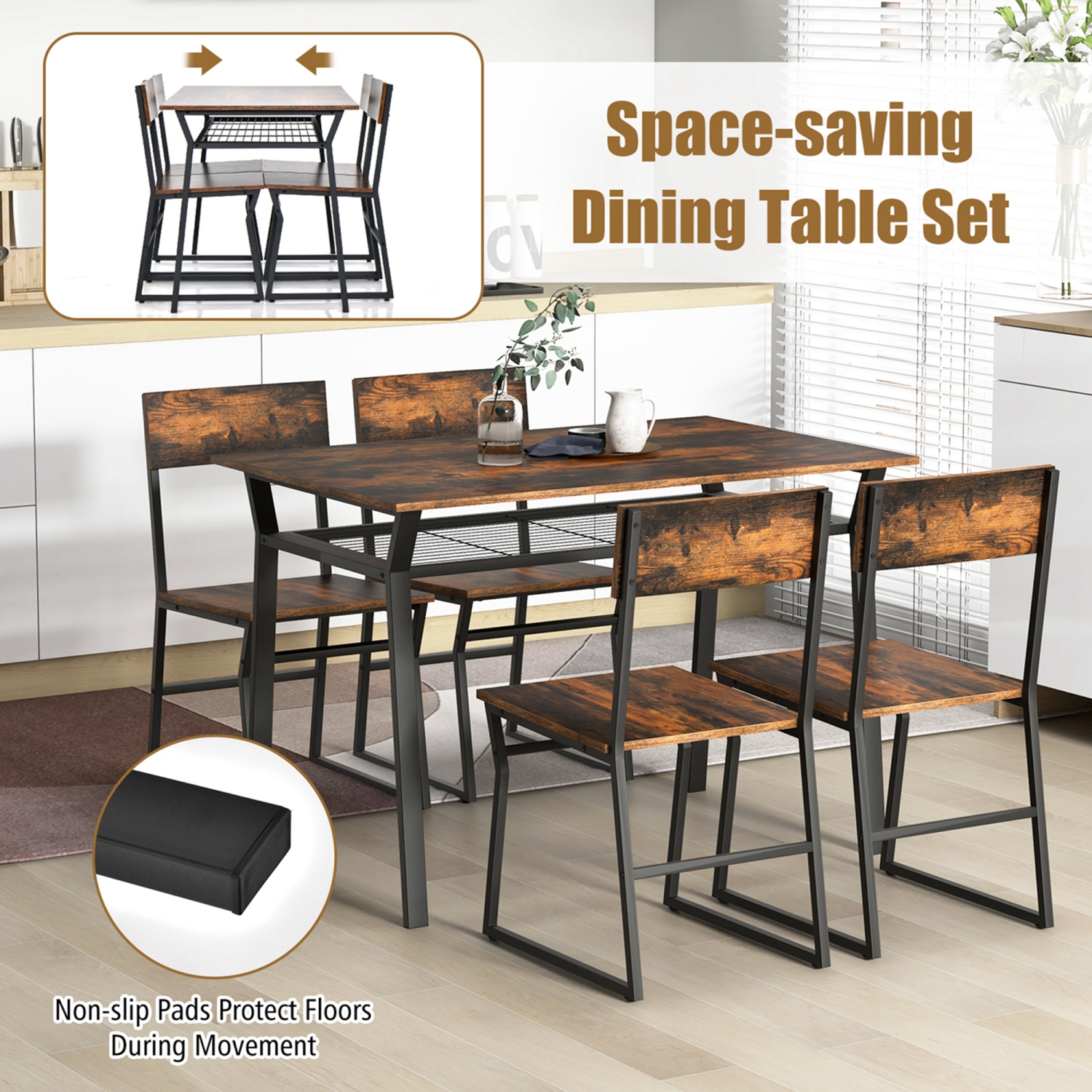 Costway 5 Piece Dining Table Set Industrial Rectangular Kitchen Table with 4 Chairs