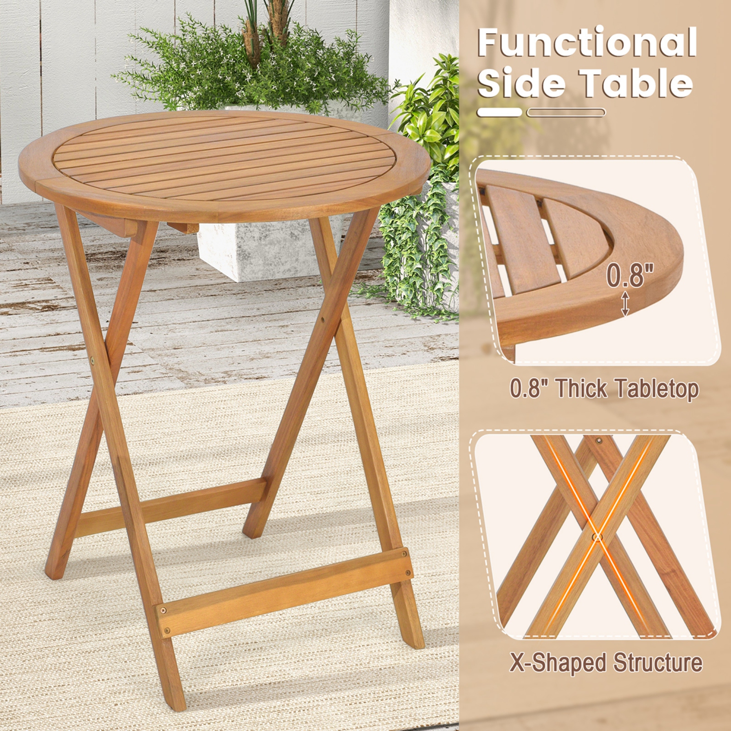 Costway 3 PCS Folding Patio Bistro Set Solid Acacia Wood Table & Chairs Slatted Tabletop