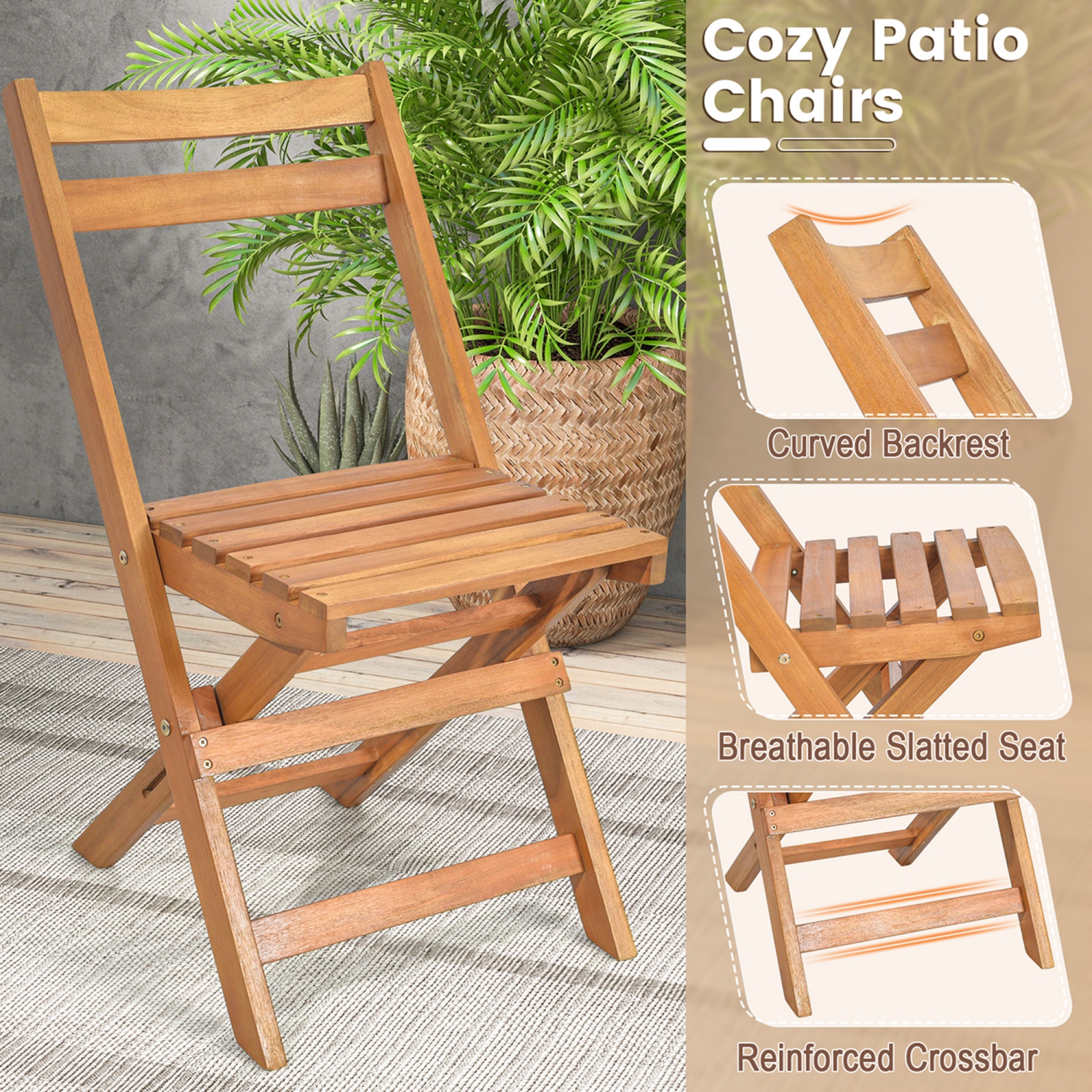 Costway 3 PCS Folding Patio Bistro Set Solid Acacia Wood Table & Chairs Slatted Tabletop