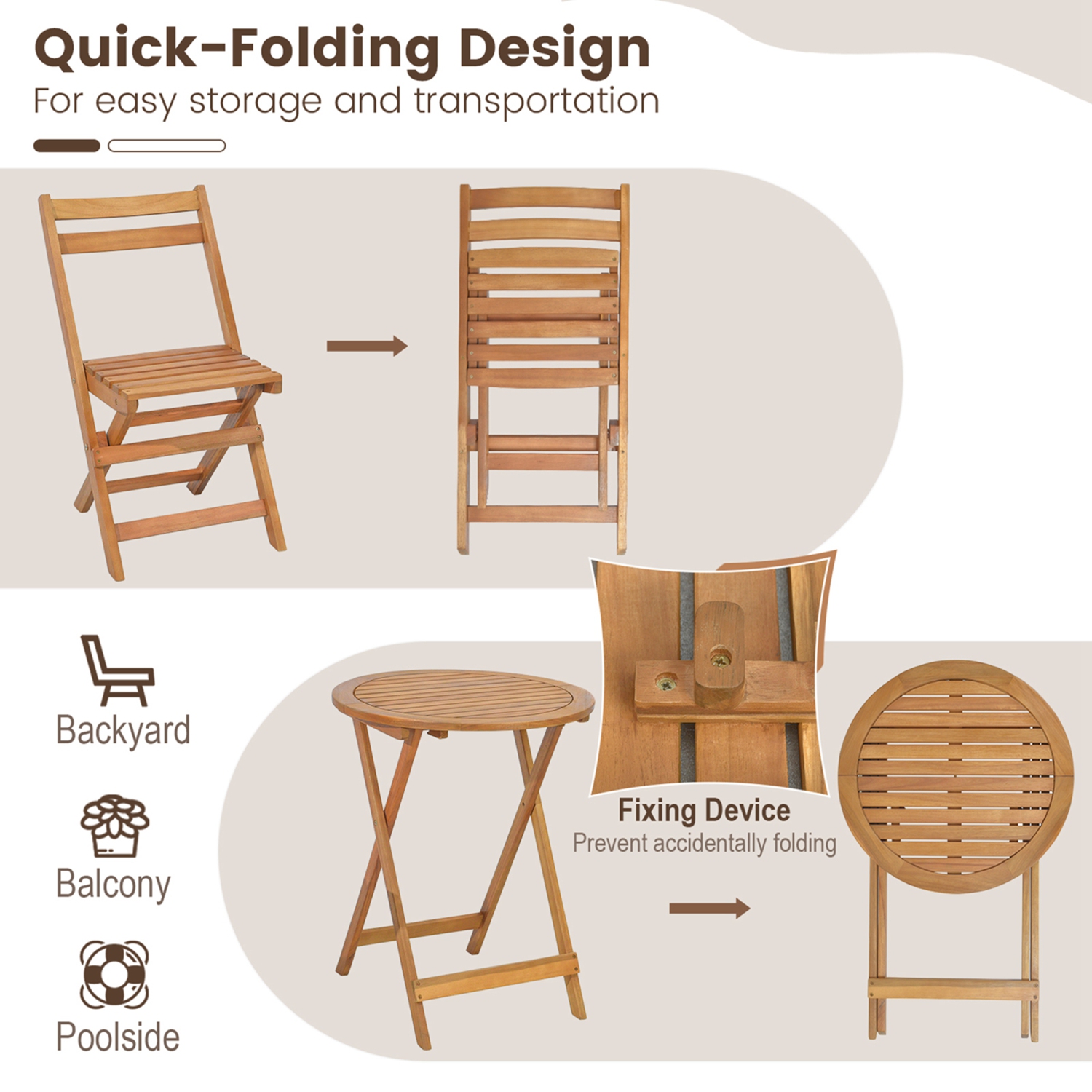 Costway 3 PCS Folding Patio Bistro Set Solid Acacia Wood Table & Chairs Slatted Tabletop