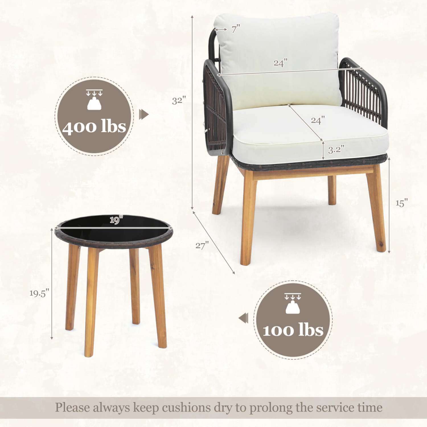 Costway 3 PCS Patio Furniture Set with Cushioned Chairs and Tempered Glass Side Table